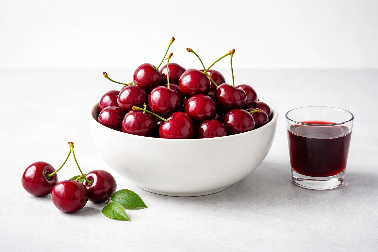 Deep red tart cherries in a white bowl with cherry juice, showcasing muscle recovery superfood