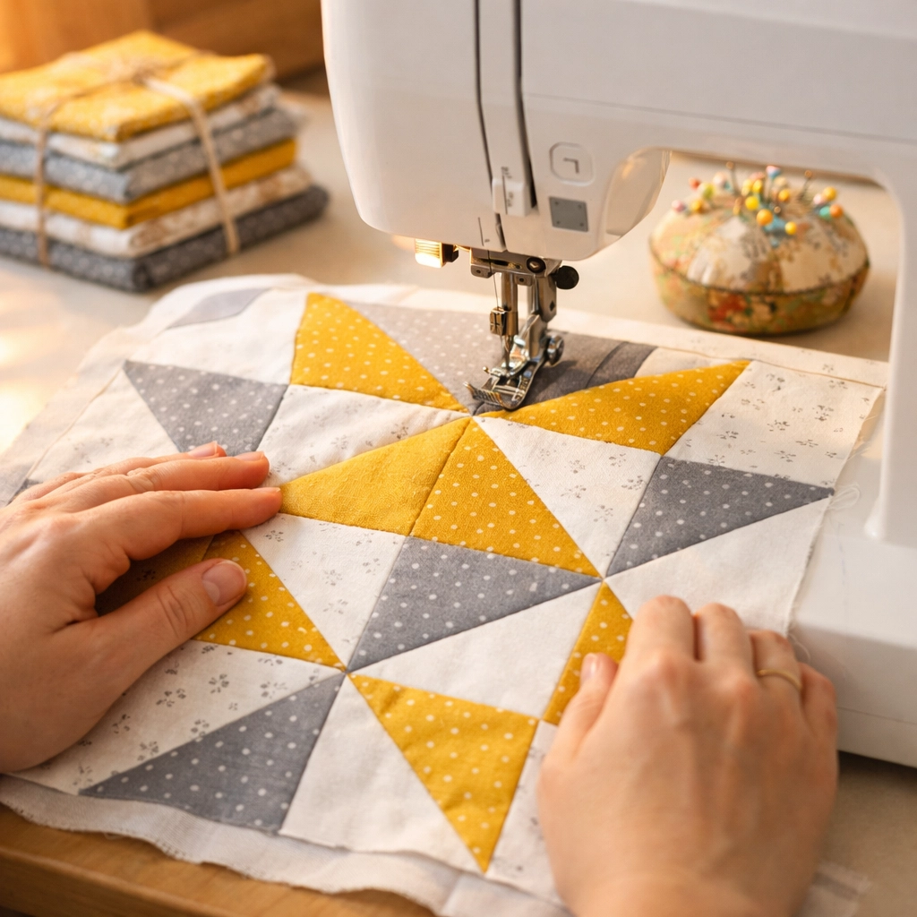 Quilter sewing large star block quilt pattern on sewing machine with colorful fabric