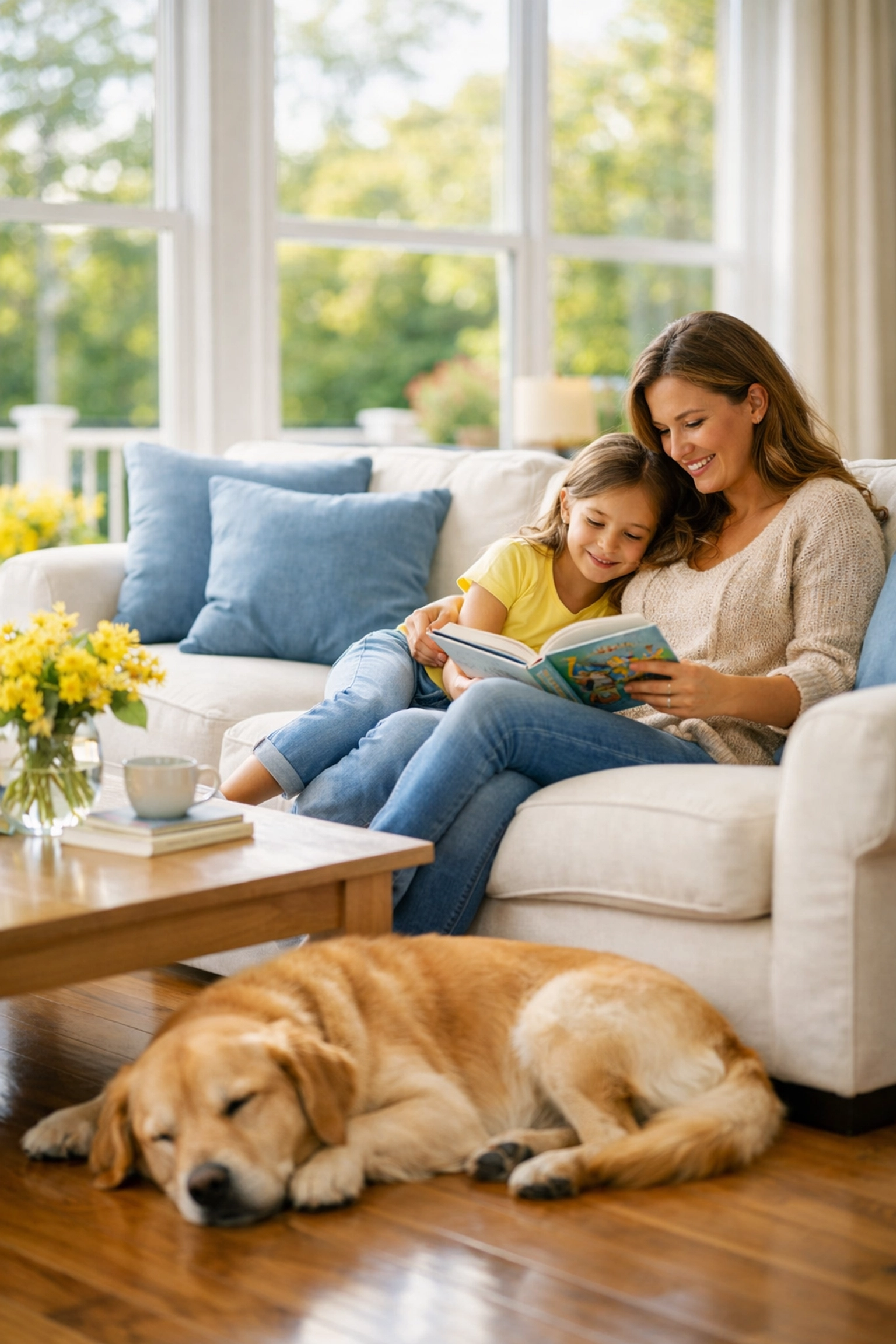 A Westborough family relaxing in a dust-free living room, reclaimed through weekly house cleaning services.