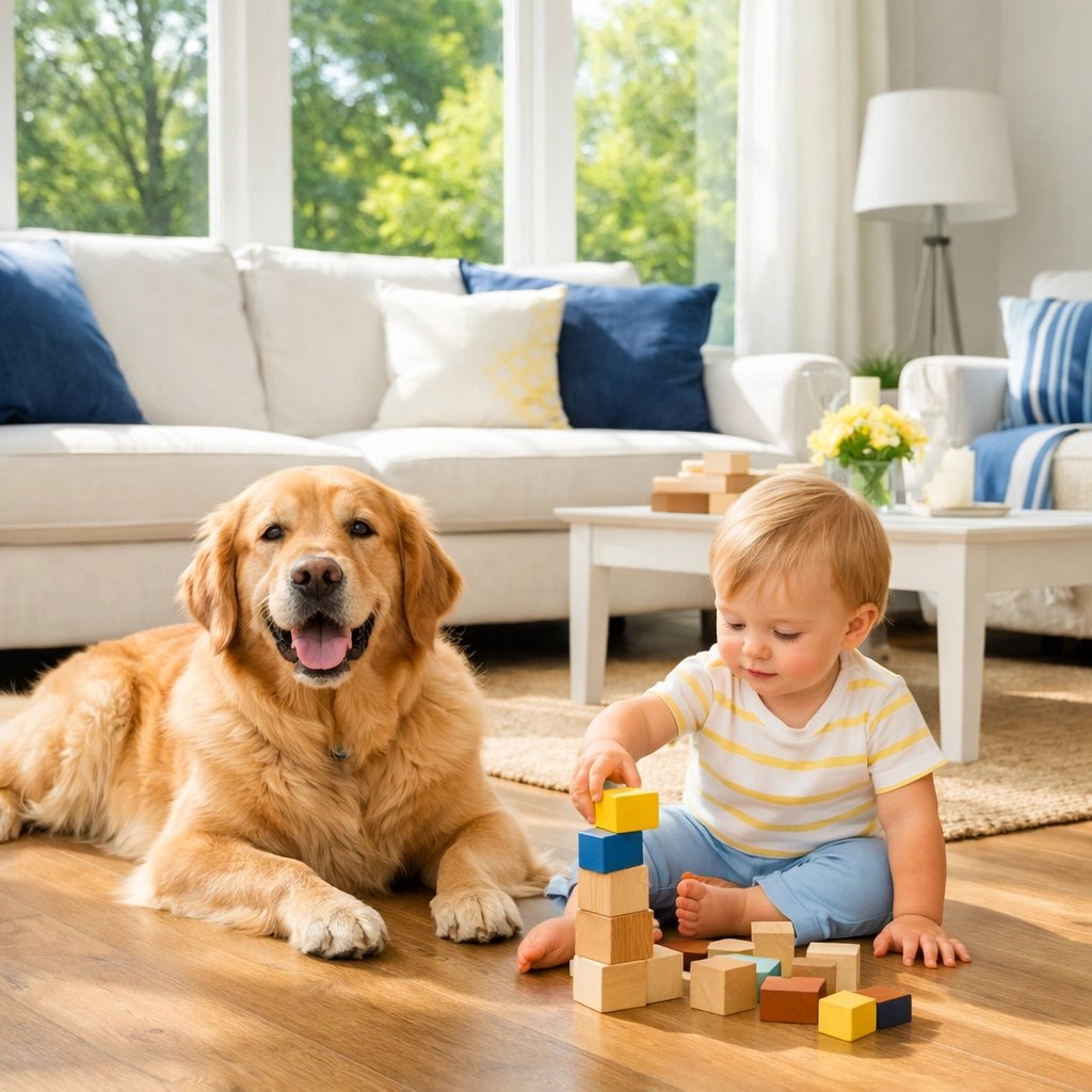 Toddler and dog on a clean living room floor, showing safe eco-friendly house cleaning in Leominster MA.