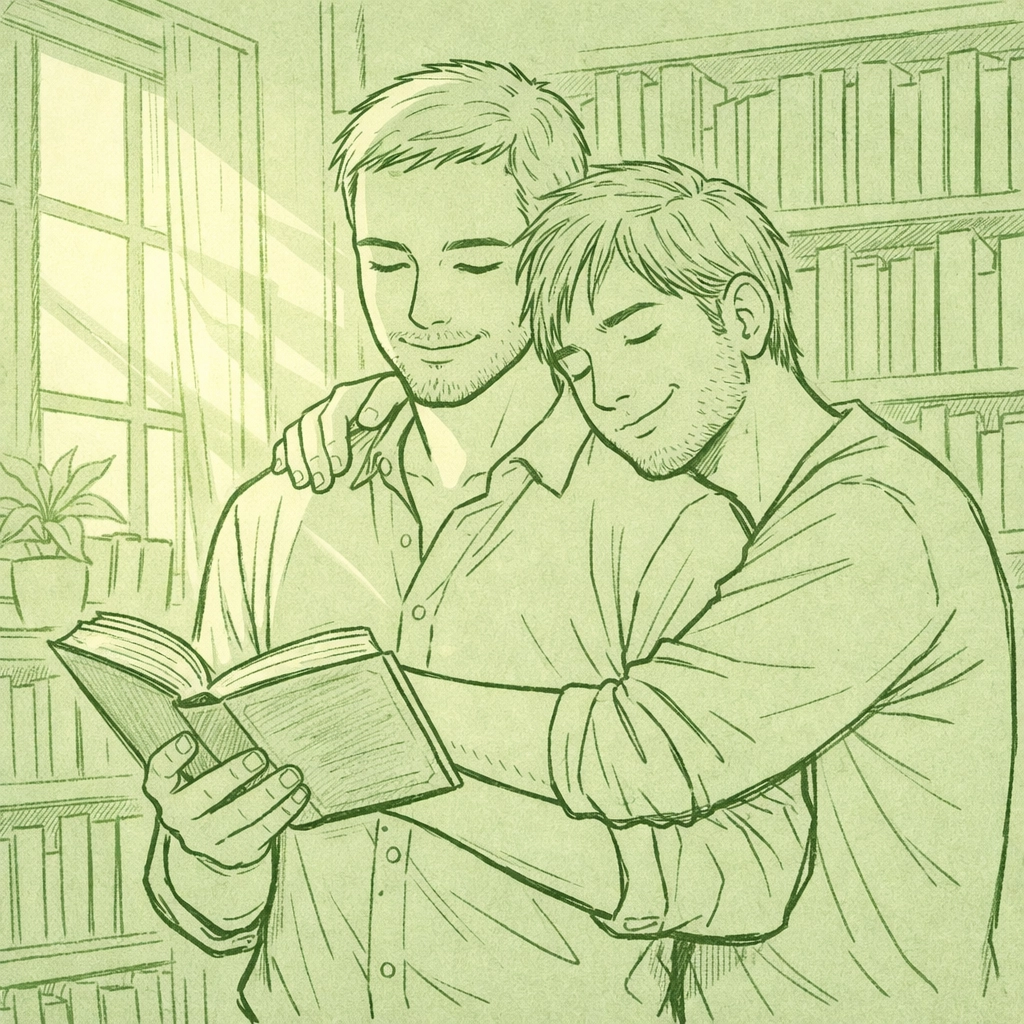 Two men embracing in bookstore illustrating authentic LGBTQ+ representation in gay romance books