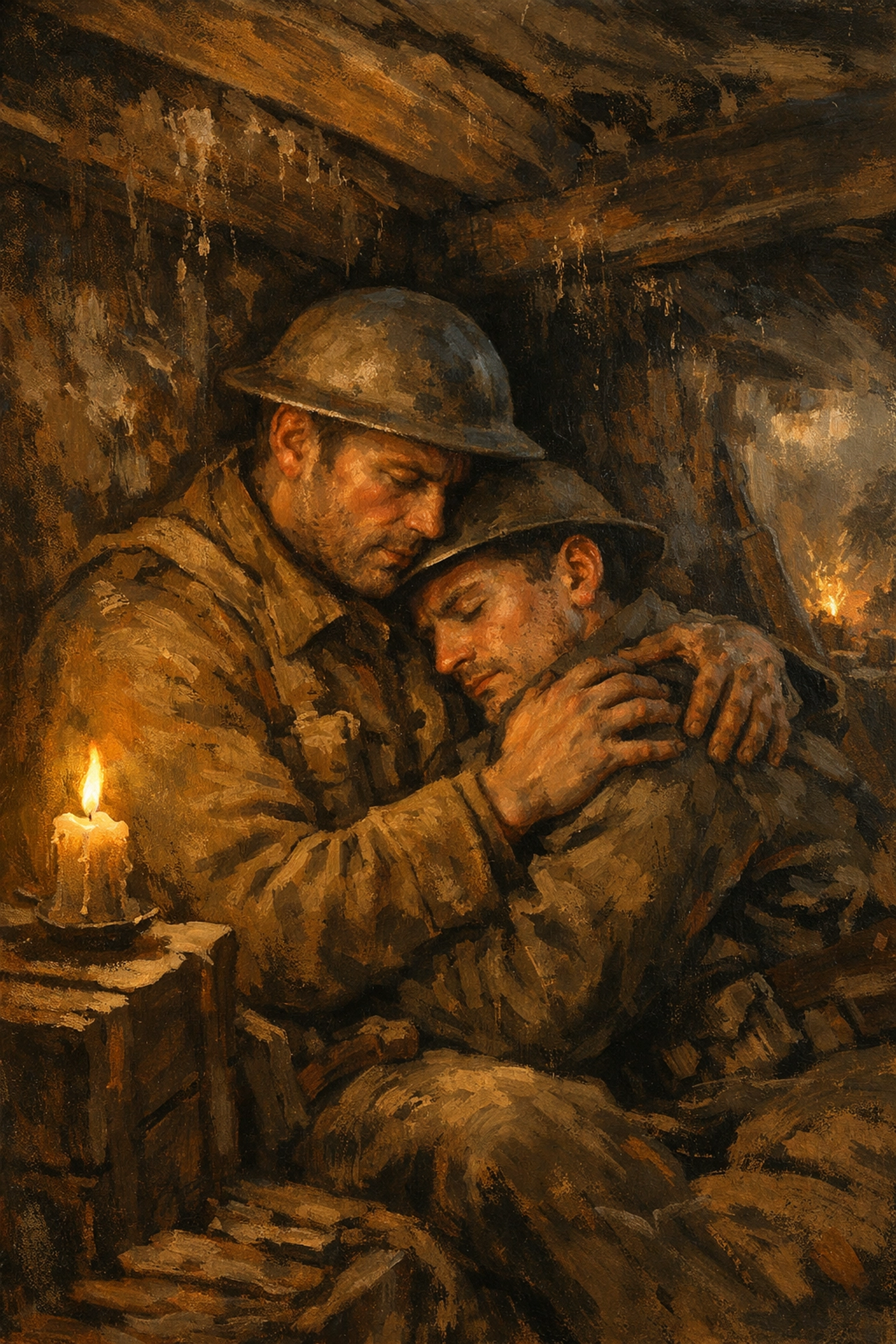 Gay soldiers find comfort in each other's arms during WWI bombardment in underground dugout