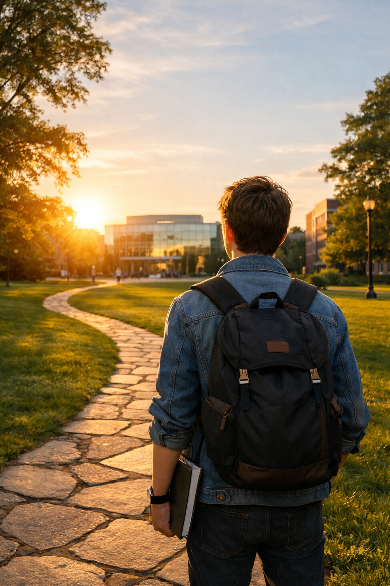 Student on a campus path toward a modern building, representing future goals and a successful SAT study plan.