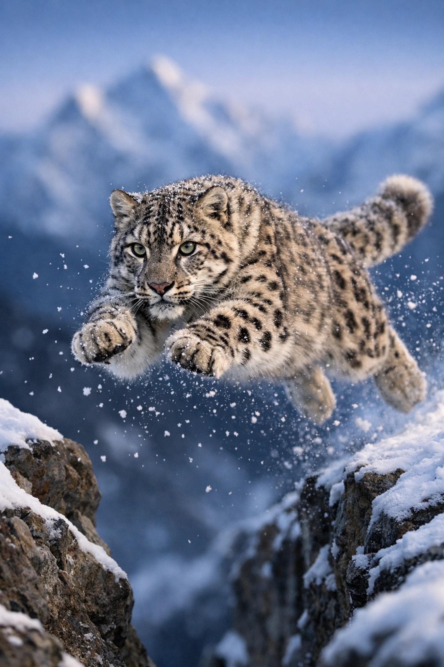 Sharp eye tracking of a leaping snow leopard captured with 2026’s new mirrorless tech AI autofocus.