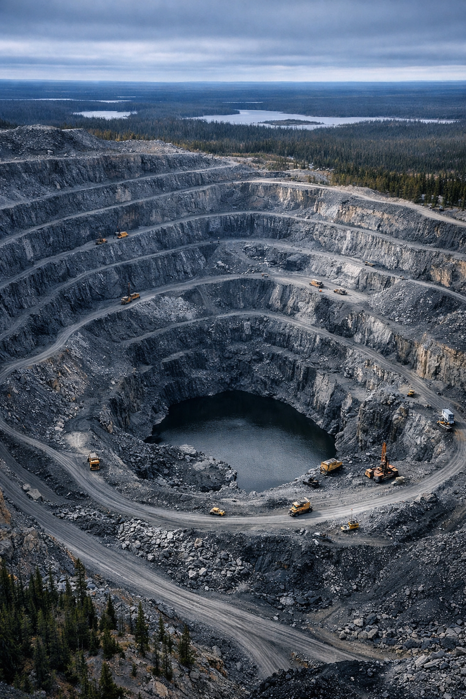 Open-pit critical minerals mine in northern Canada with terraced extraction levels