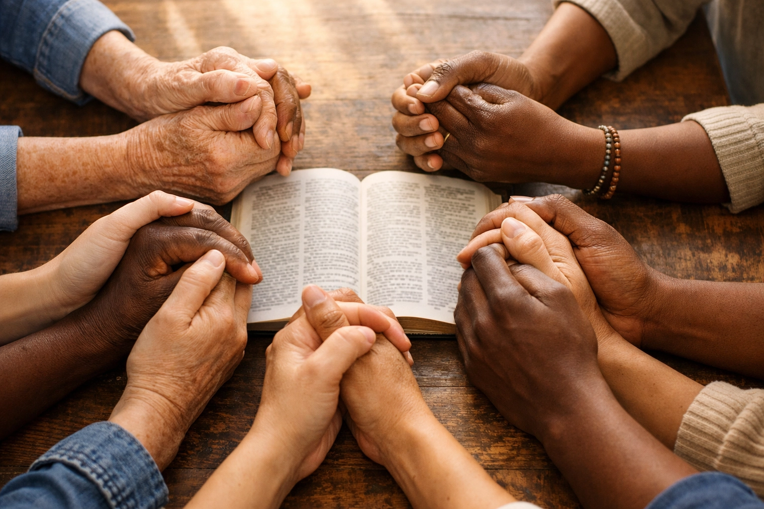 Diverse hands joined in prayer circle over open Bible symbolizing Christian unity and fellowship