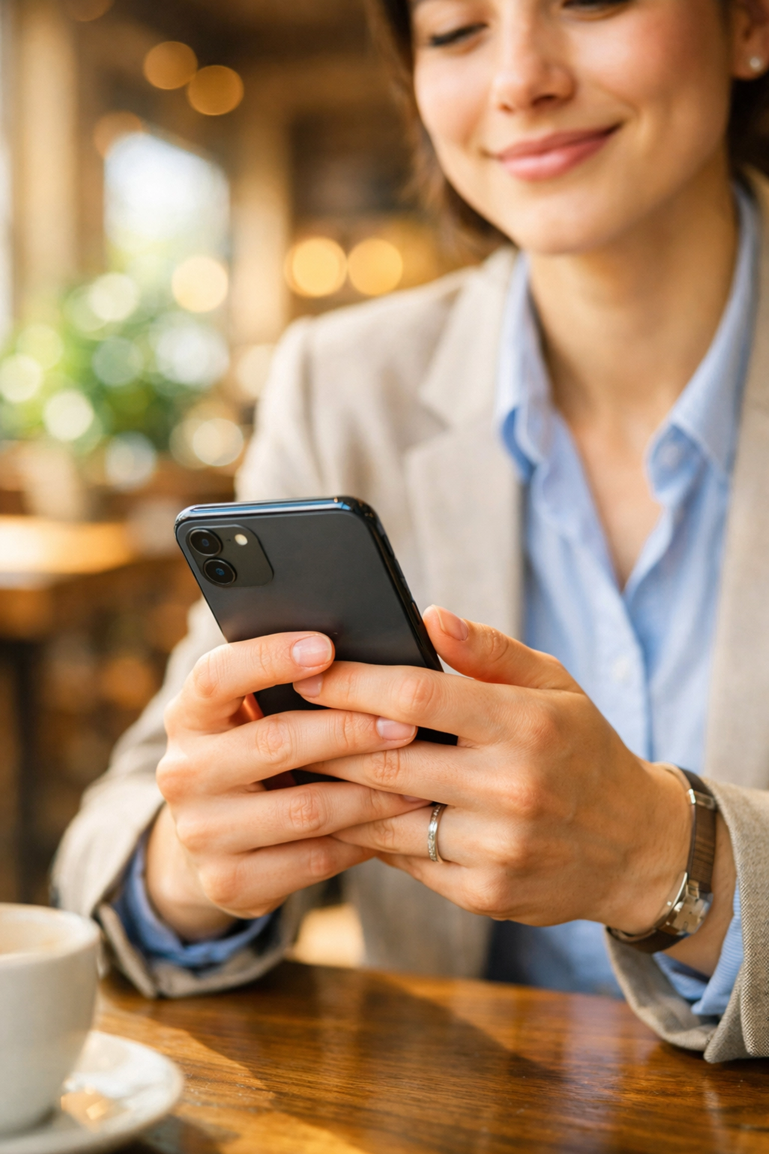 A relieved professional in a cafe using a smartphone for a no credit check loan Canada application.