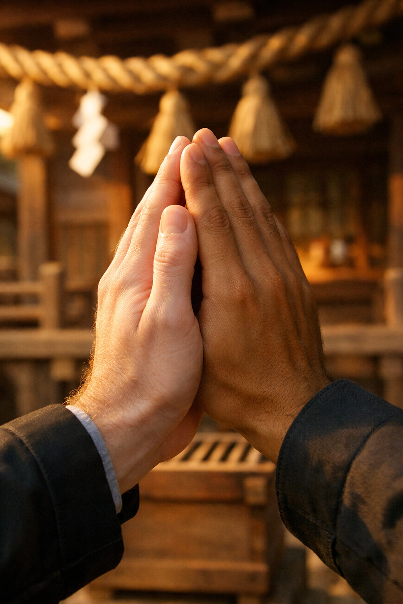 Two men's hands joined in prayer at Tokyo Shinto shrine, LGBTQ+ spirituality