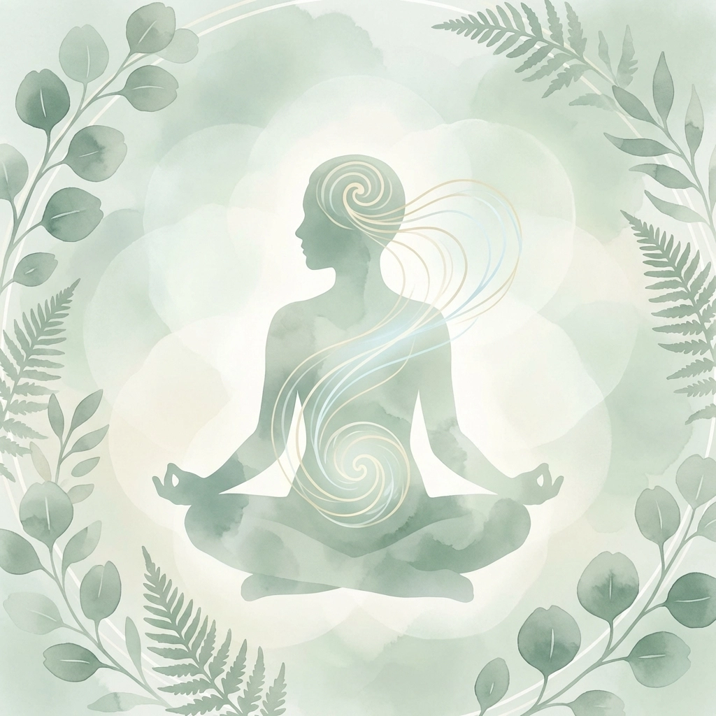 Gentle illustration of a meditating person with lines connecting head and gut, representing mind-body nutrition.