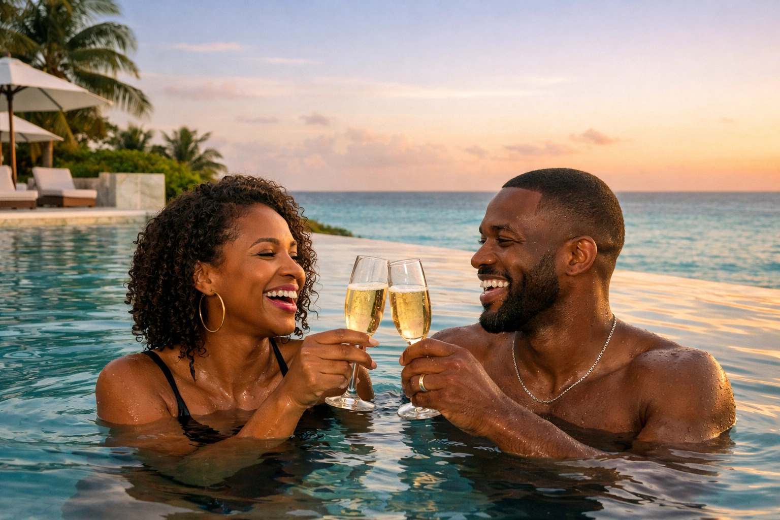 Couples enjoying luxury all inclusive vacation packages at a high-end Caribbean resort pool.