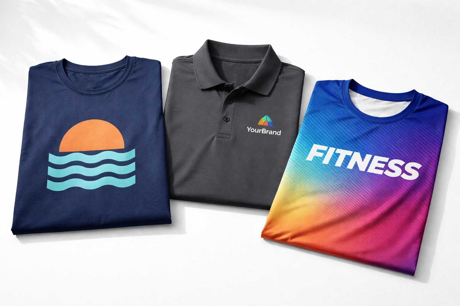 Three custom apparel items side by side show screen printing, embroidery, and DTF print methods for t-shirts and polos.