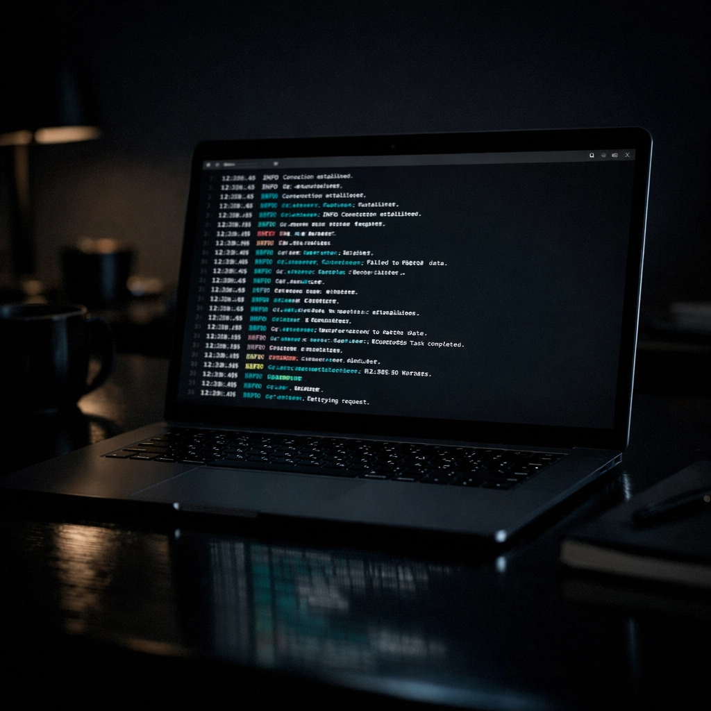 A focused founder's workspace showing a laptop screen with automated research logs for sales outbound.