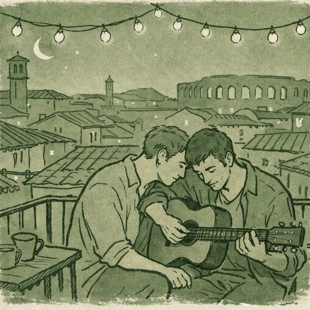 Guitar lesson on balcony overlooking Verona rooftops - MM romance scene
