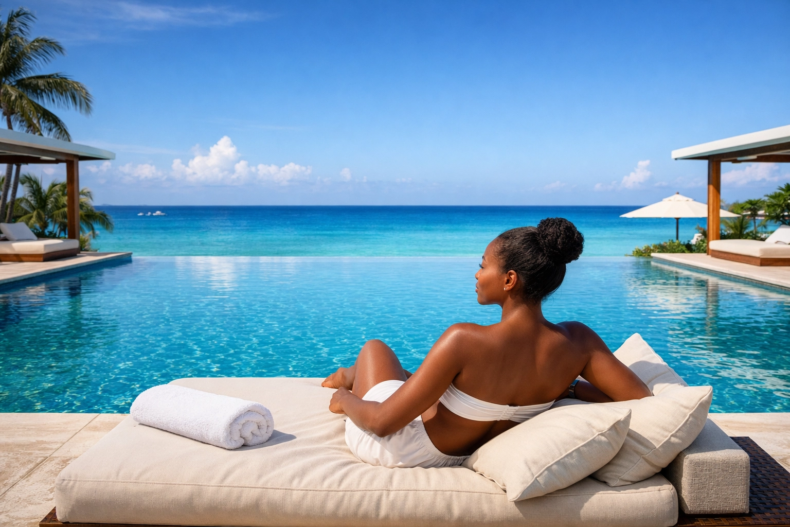 Relaxed traveler by an infinity pool, showing the benefits of using a personal travel planner for vacation packages.