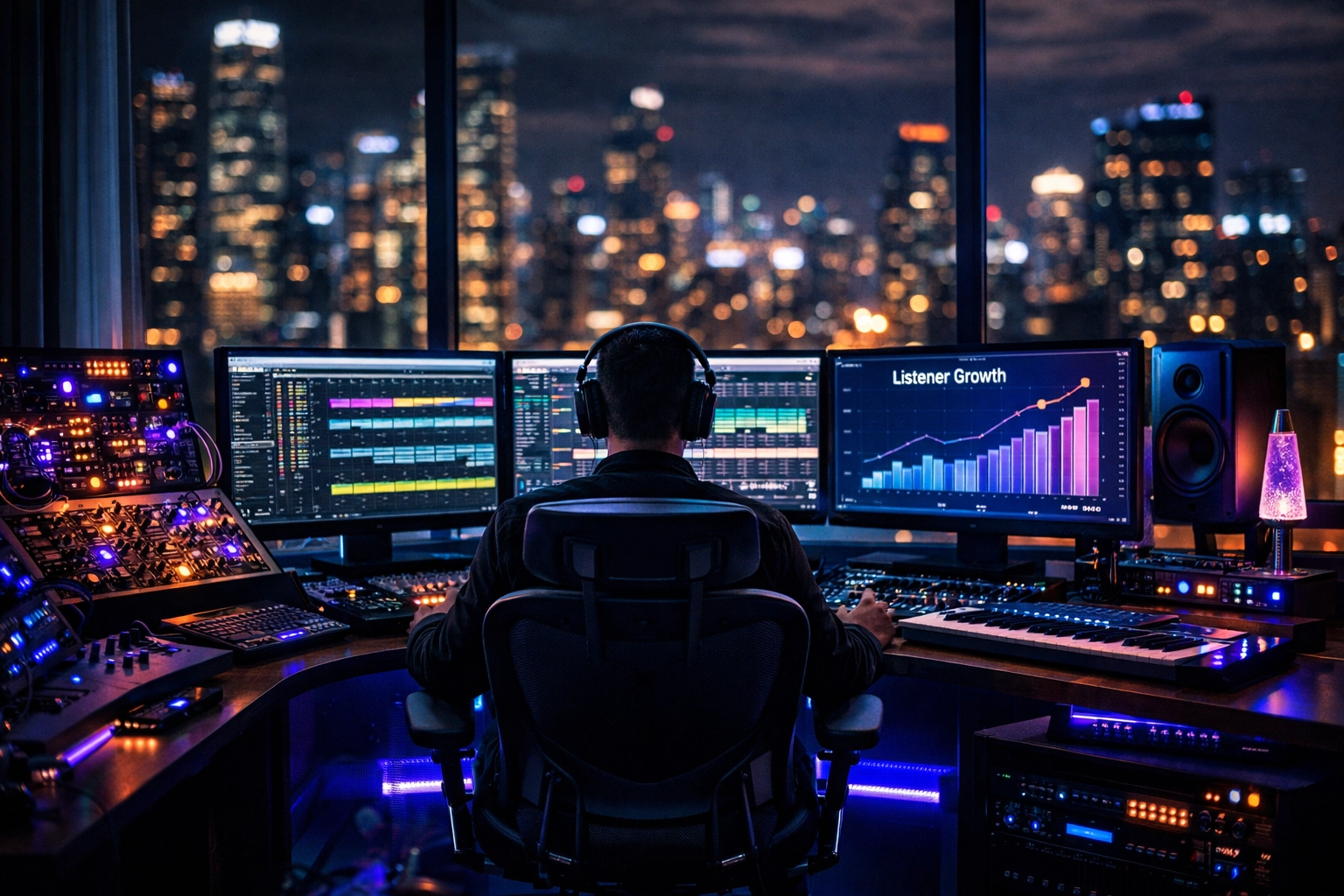 Professional music industry consulting expert analyzing listener growth data and analytics in a modern studio.