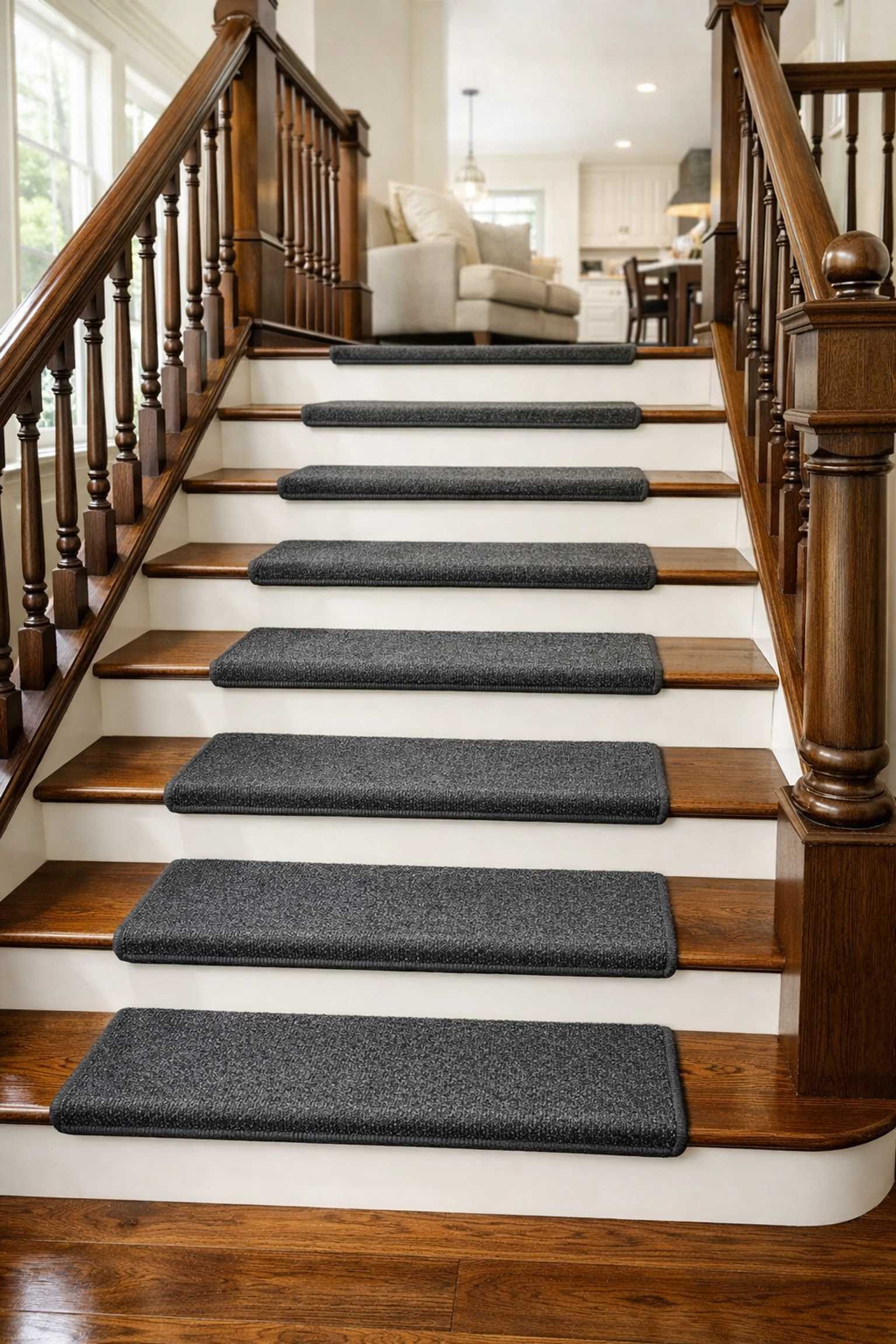 Secure non-slip charcoal carpet treads on a wooden staircase for enhanced home fall prevention.