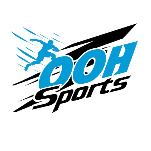 OOH Sports logo Logo featuring a dynamic blue silhouette of a runner bursting forward above bold blue and black text, symbolizing speed, energy, and impactful sports marketing.