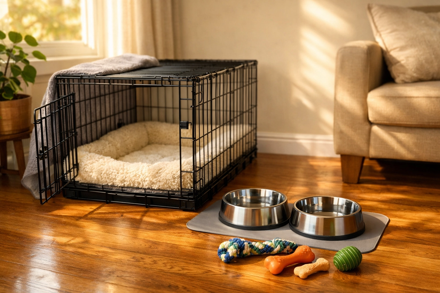 A cozy foster-ready corner for a rescue dog featuring a crate, plush bed, and water bowls in a sunny home.