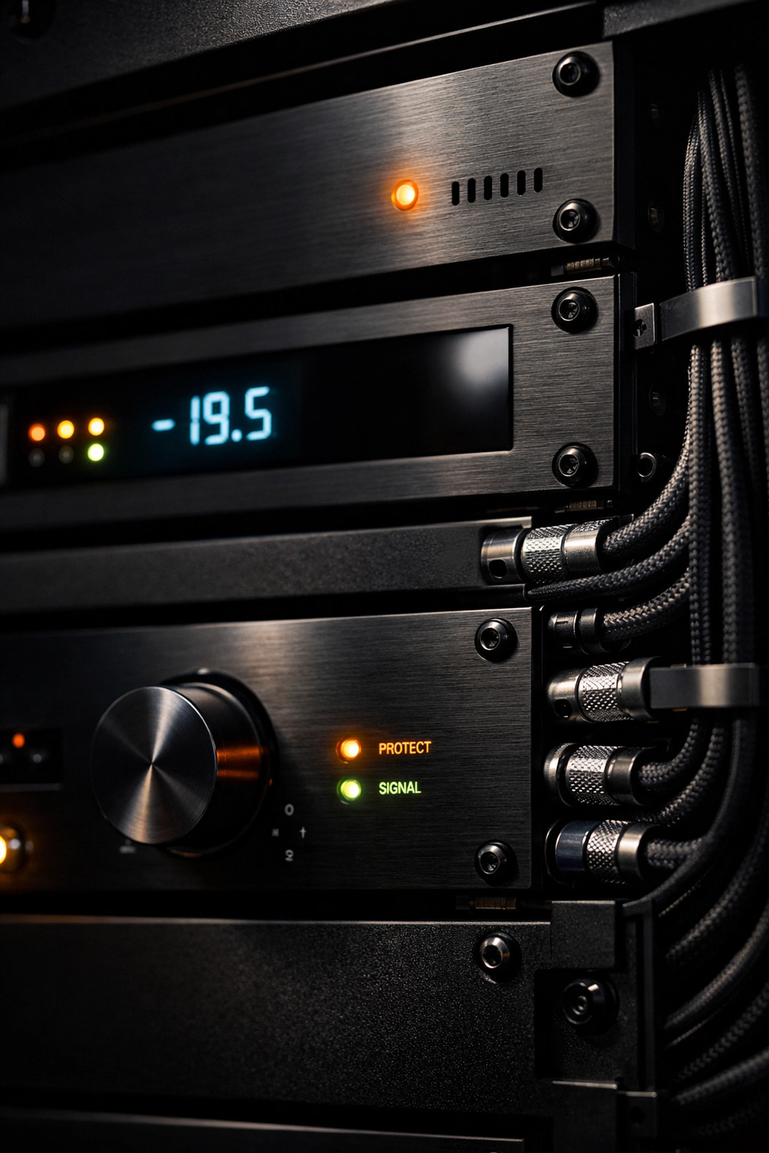 Professionally calibrated A/V equipment rack for custom home automation and integration.