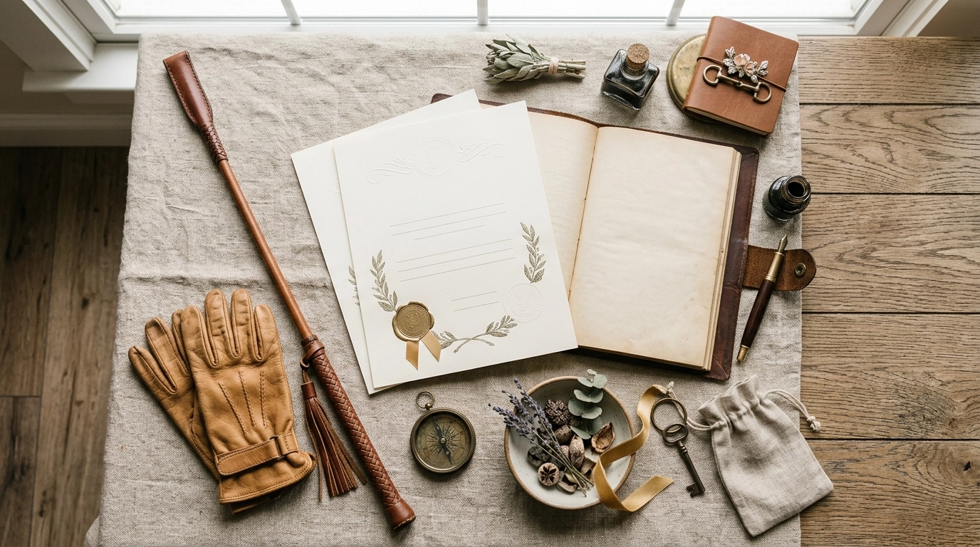 Boho Chic equestrian office with property division documents, leather gloves, and stable records