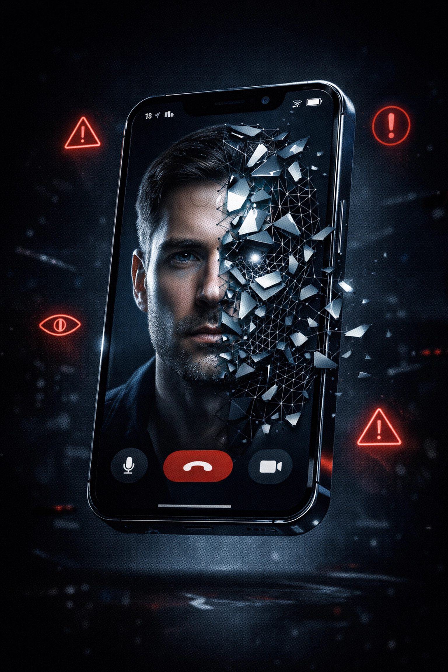 Smartphone displaying fragmenting deepfake video call showing digital deception