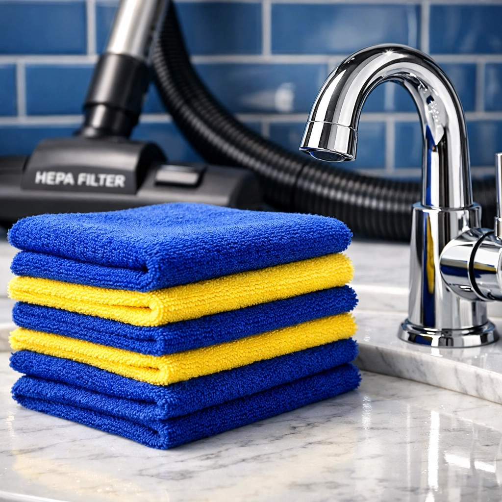 Professional microfiber cloths and equipment used for thorough post construction cleaning in Hudson.