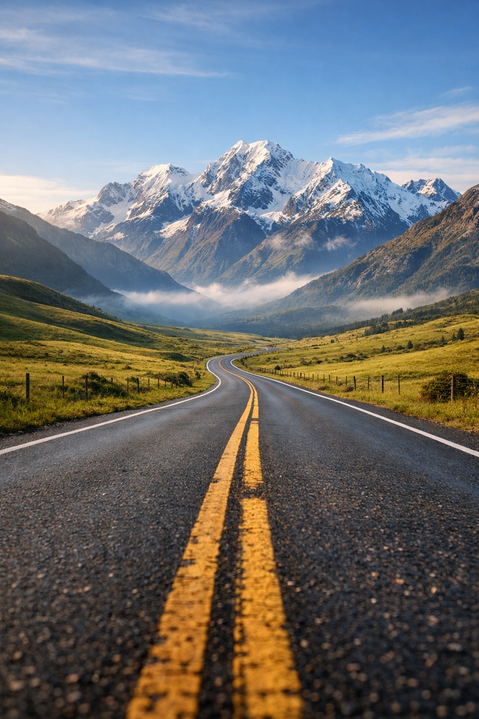 A winding road leading to snow-capped mountains, showcasing landscape photography tips for depth and leading lines.