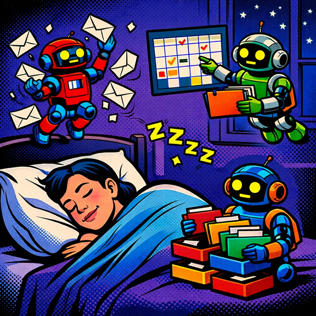 Robots managing business tasks and emails while a business owner sleeps peacefully.