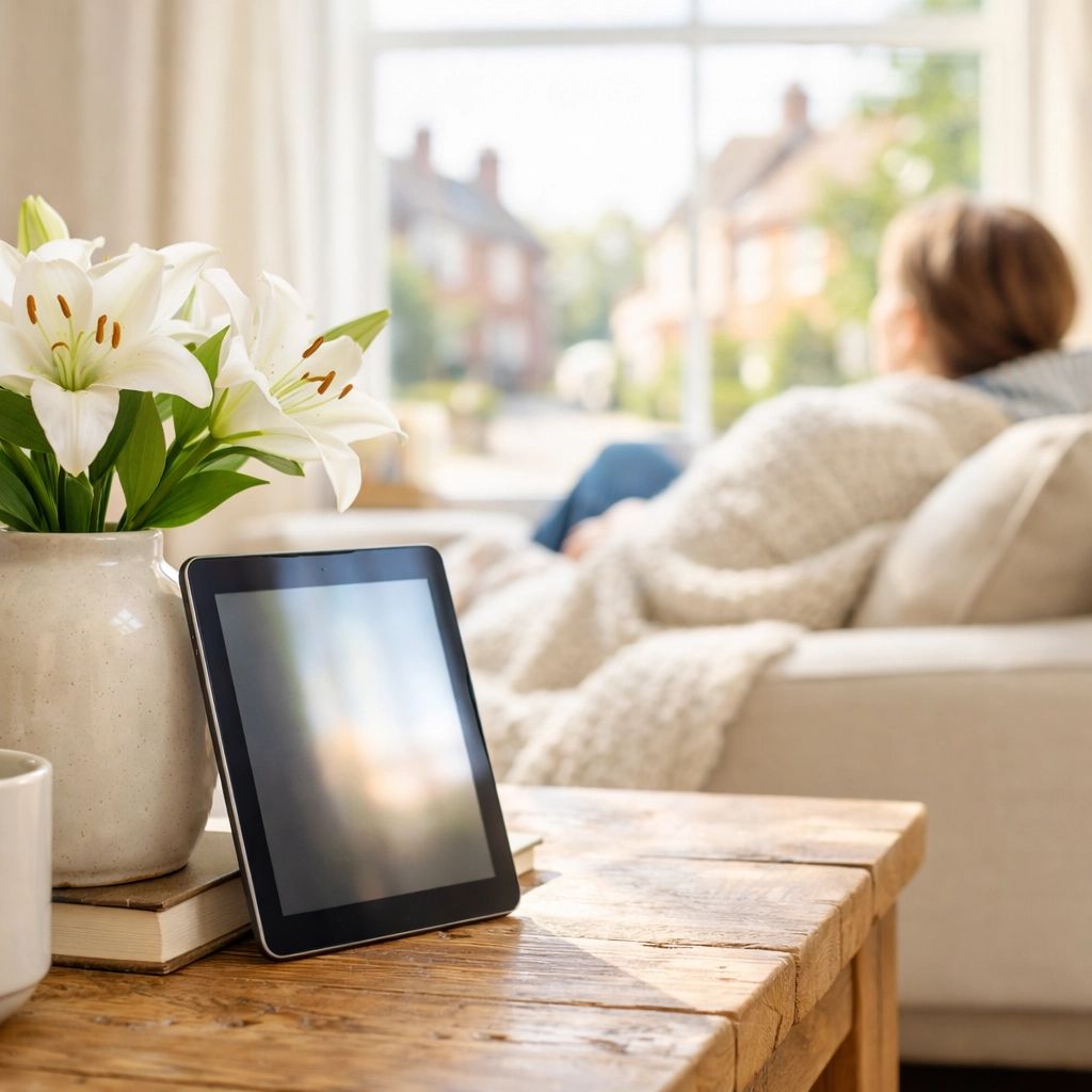 A cosy Long Sutton living room featuring a digital tablet, illustrating stress-free tenant self-service options.