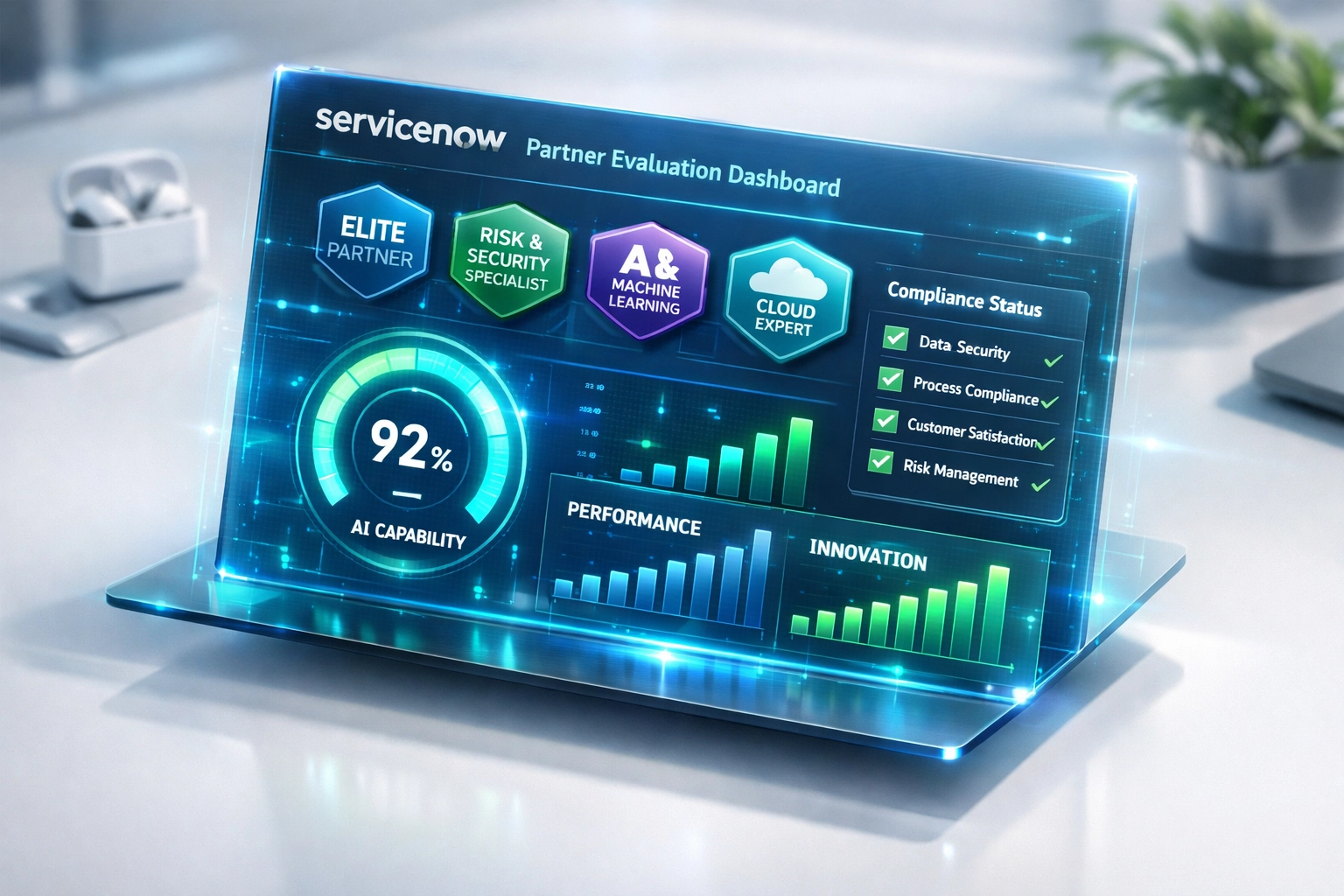 ServiceNow partner evaluation dashboard showing certification badges and ITOM compliance metrics