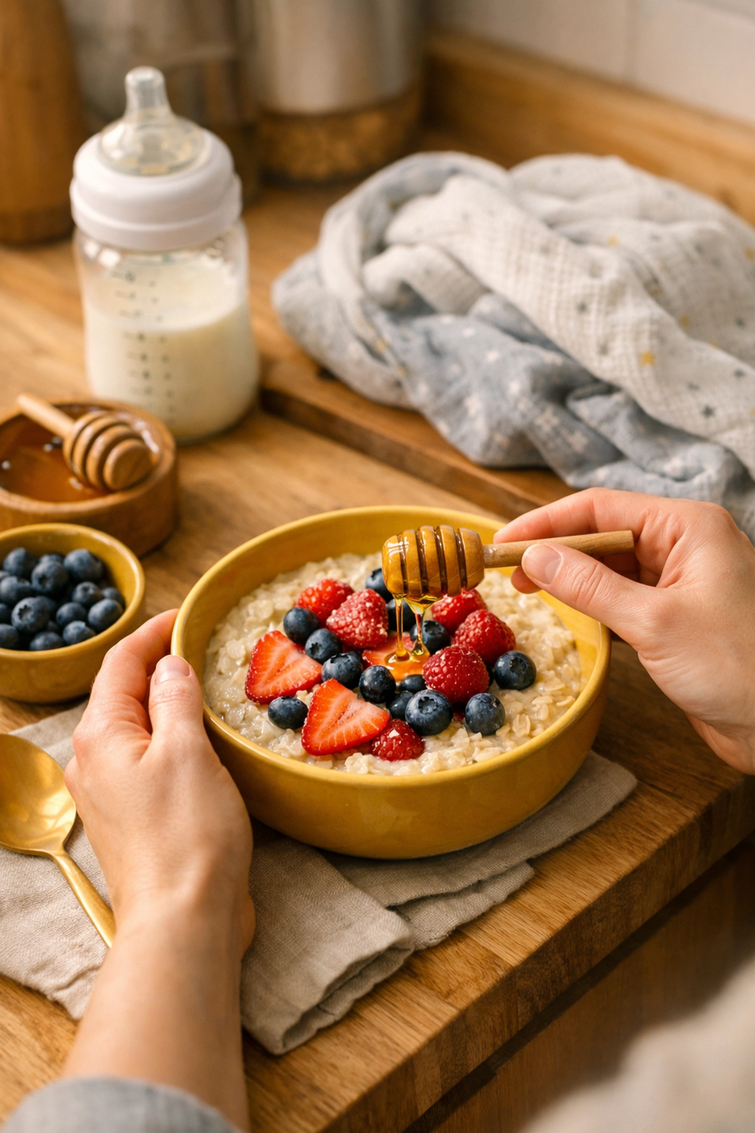 Practical postpartum help showing healthy meal preparation in a warm kitchen for new parents’ recovery.