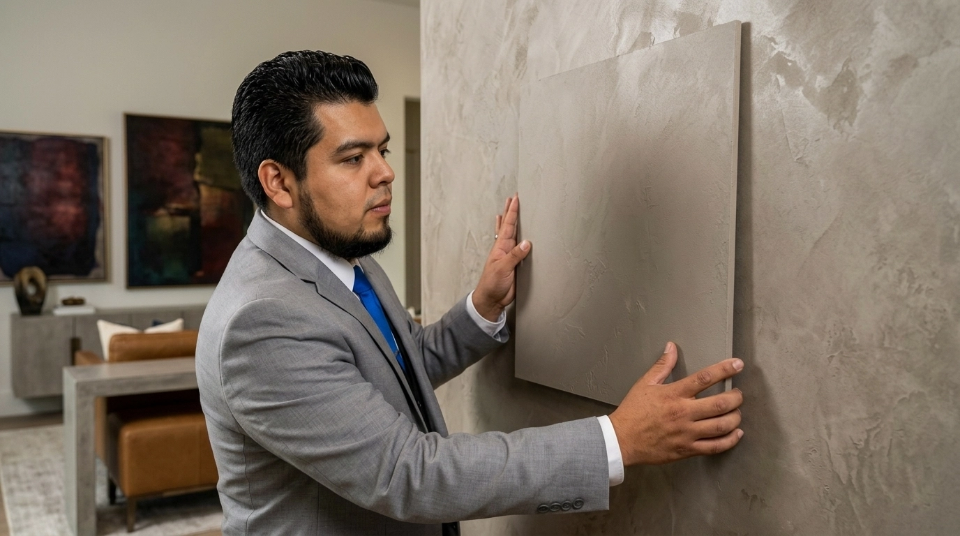 Professional hands holding a paint sample board in a luxury room