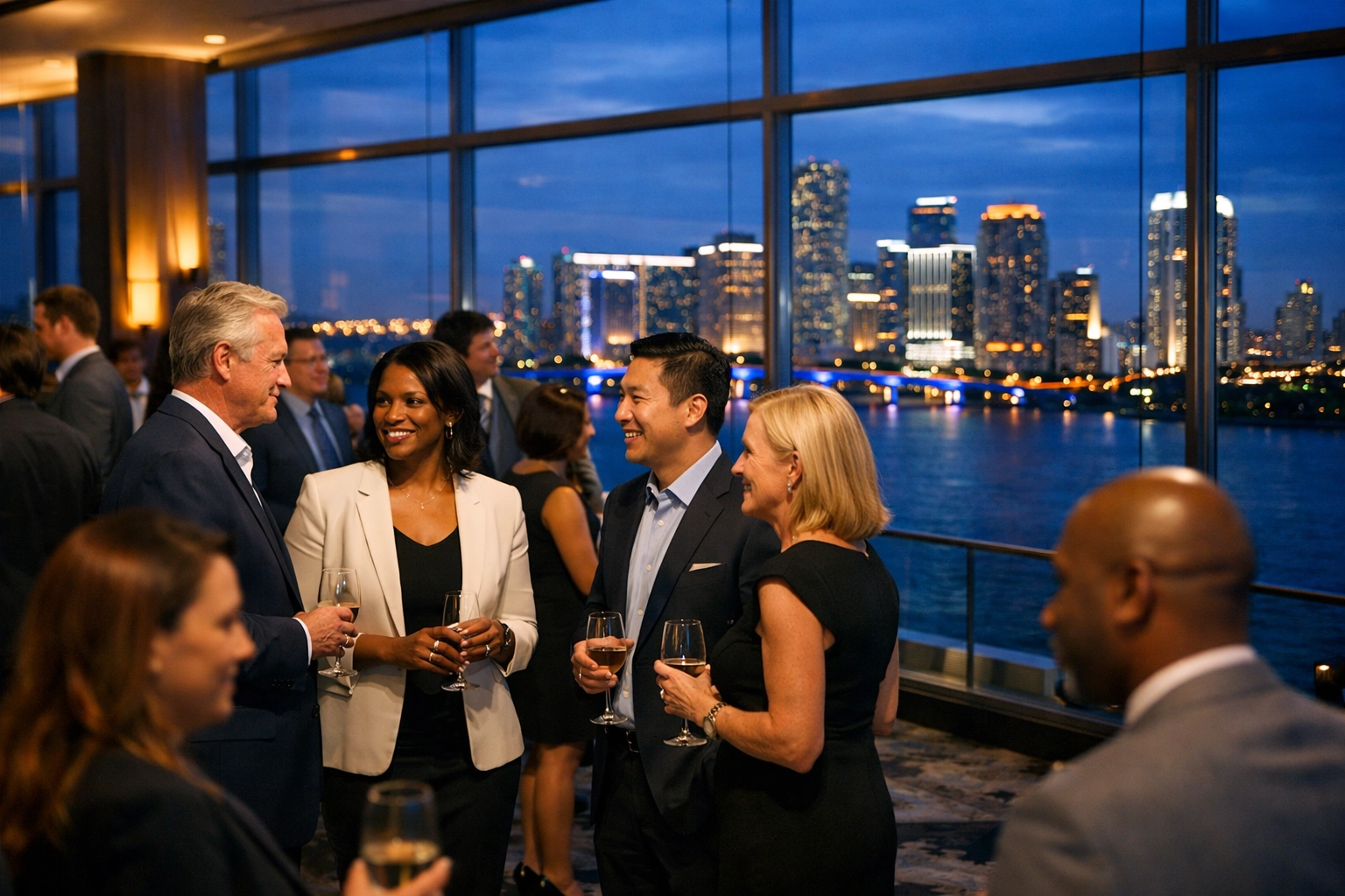 Miami event photographer capturing a high-end corporate gala with the city skyline background.