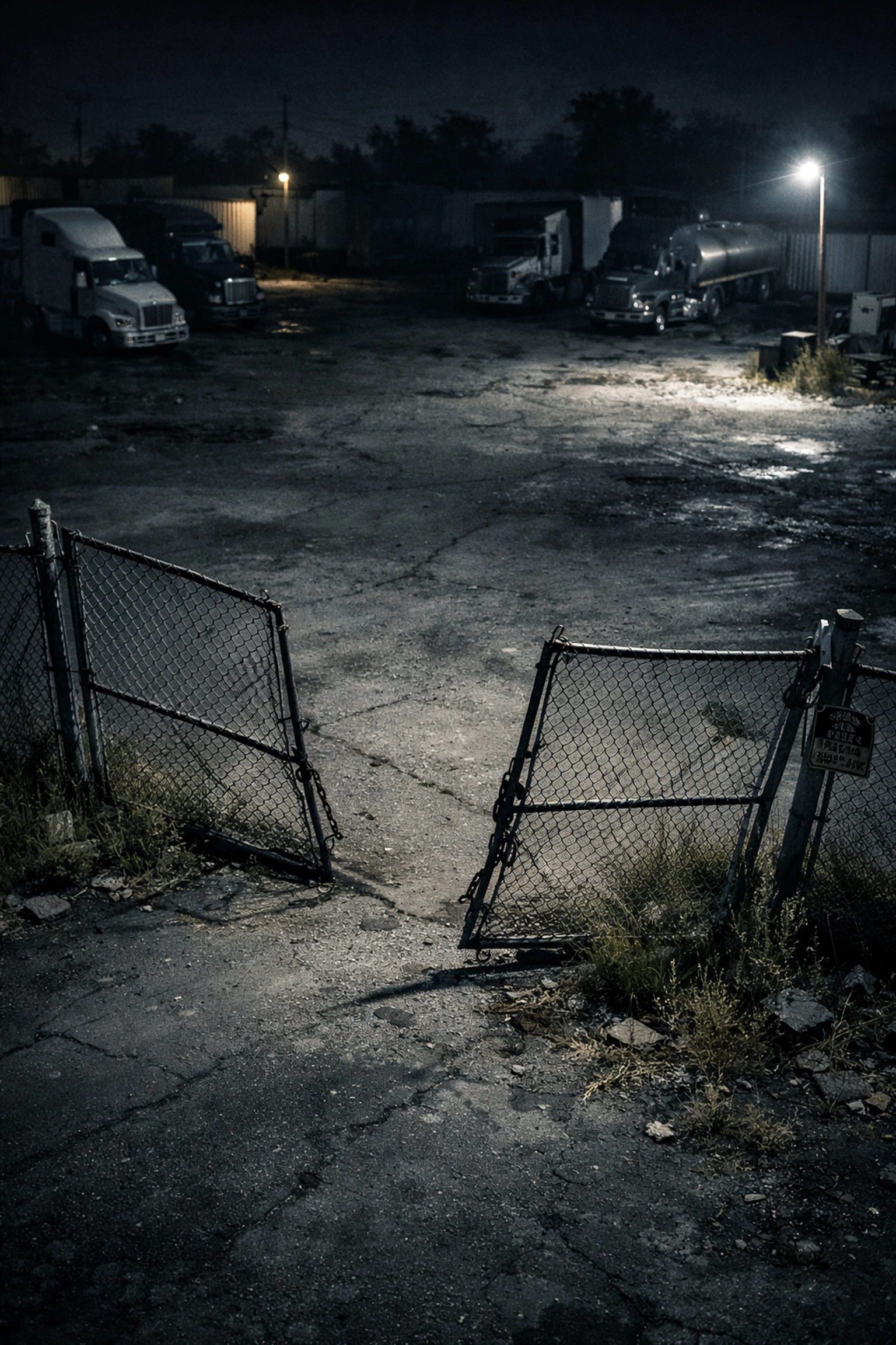 Broken security gate at Houston truck parking lot showing poor security