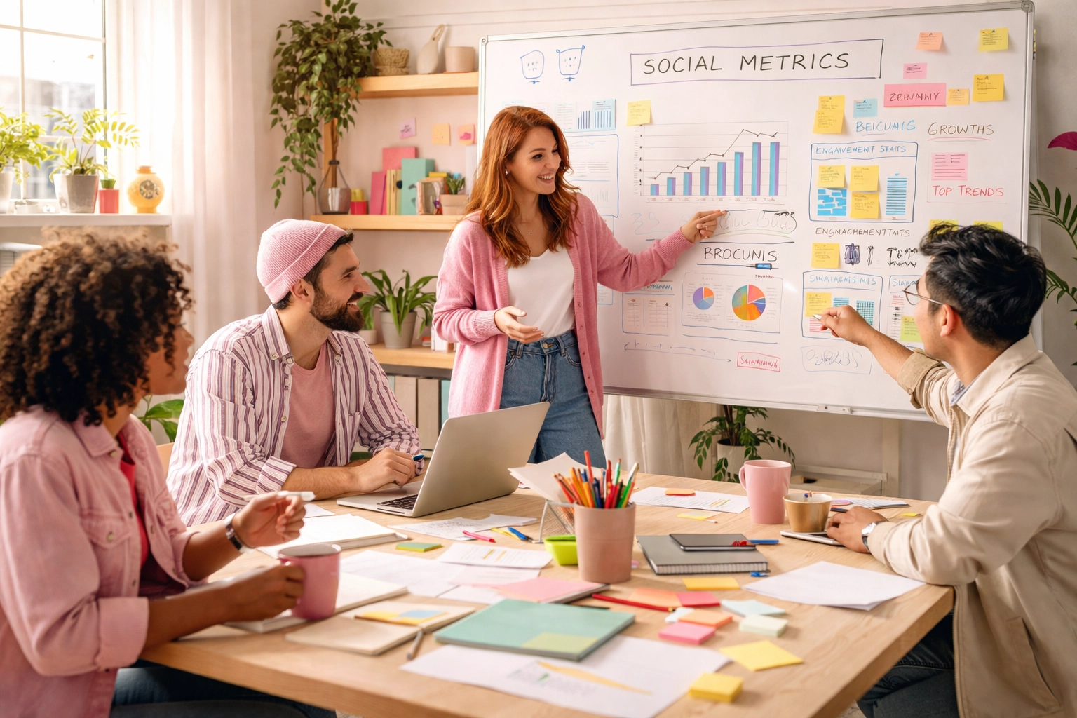 Team collaborates in a bright studio, analyzing colorful charts to improve social media engagement metrics.