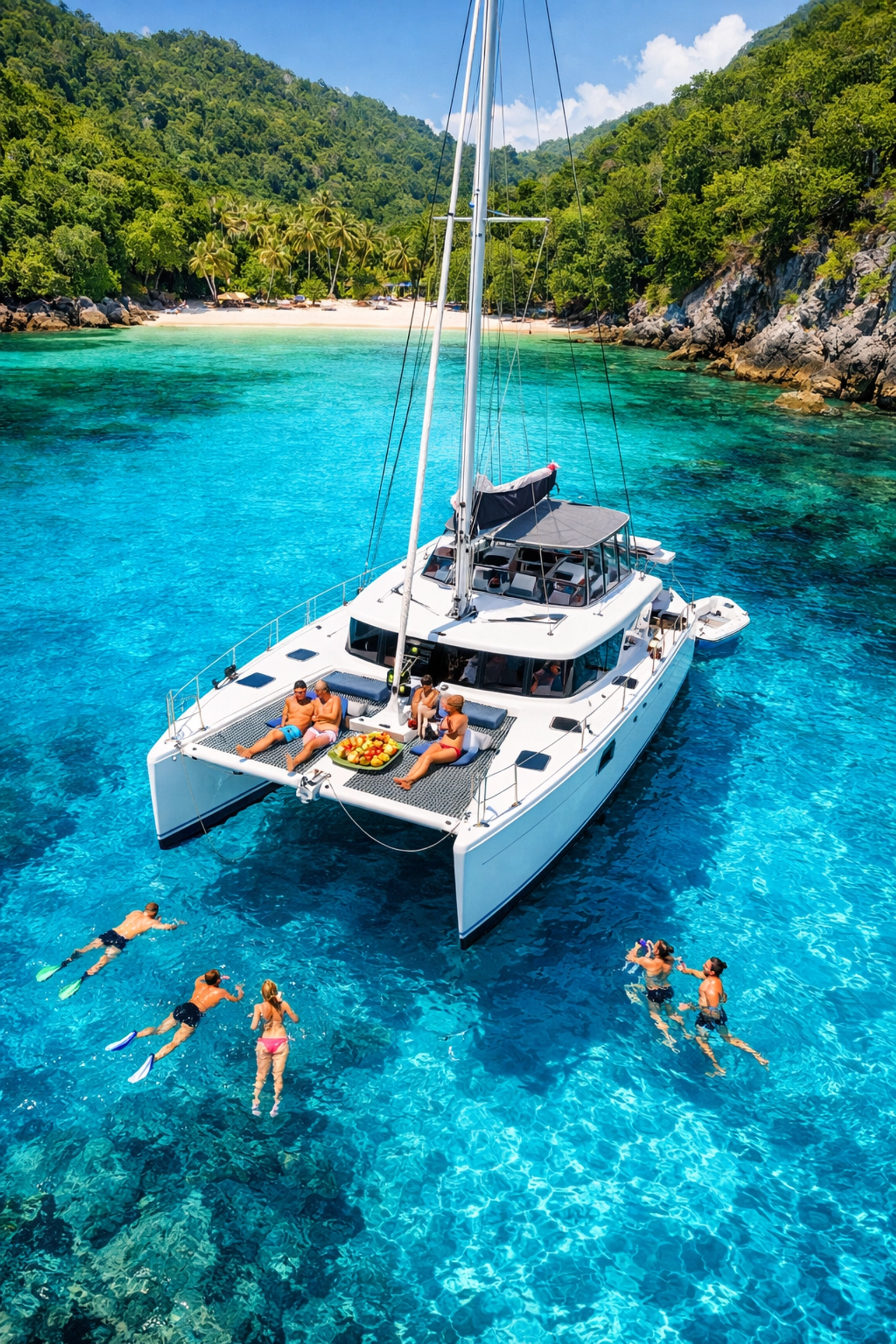 Private catamaran shore excursion in turquoise waters during a custom birthday cruise celebration.
