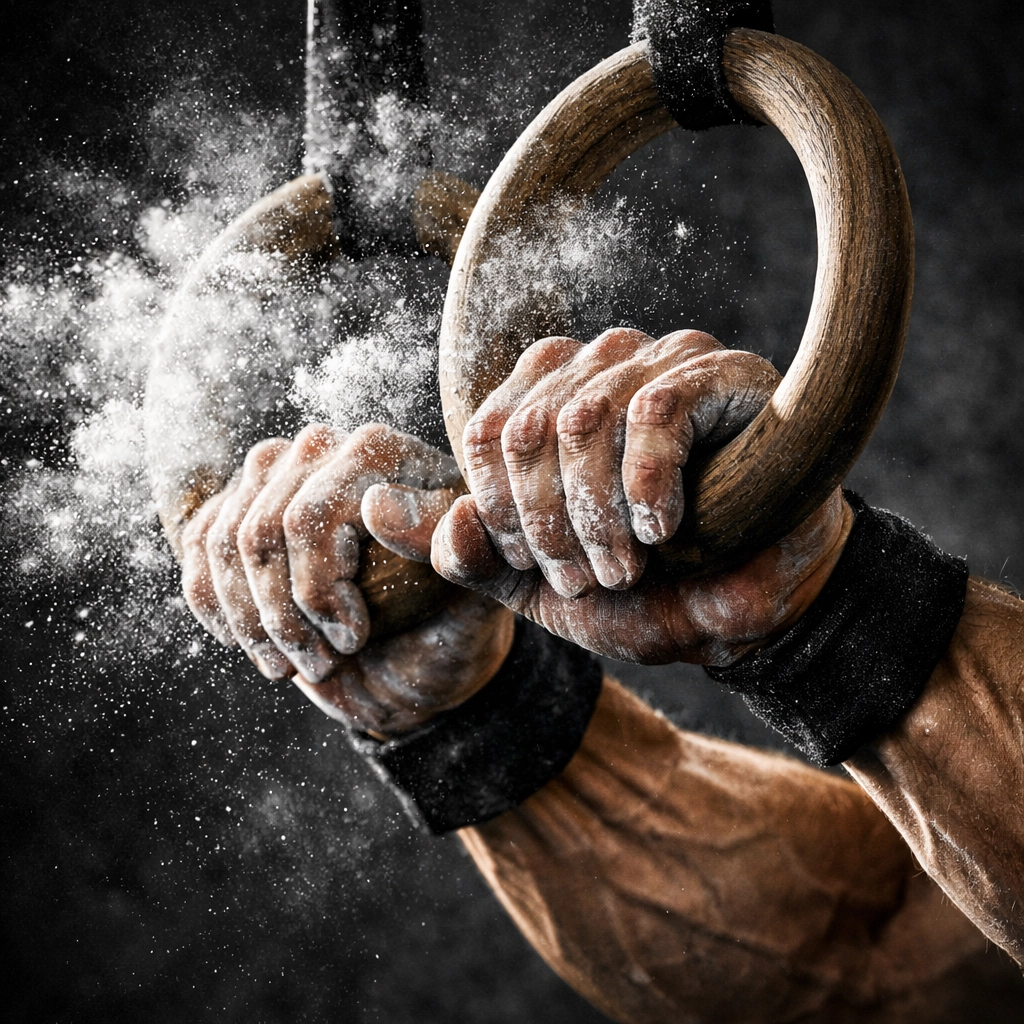 Athlete's hands with chalk gripping wooden gymnastic rings for intense bodyweight training at home.