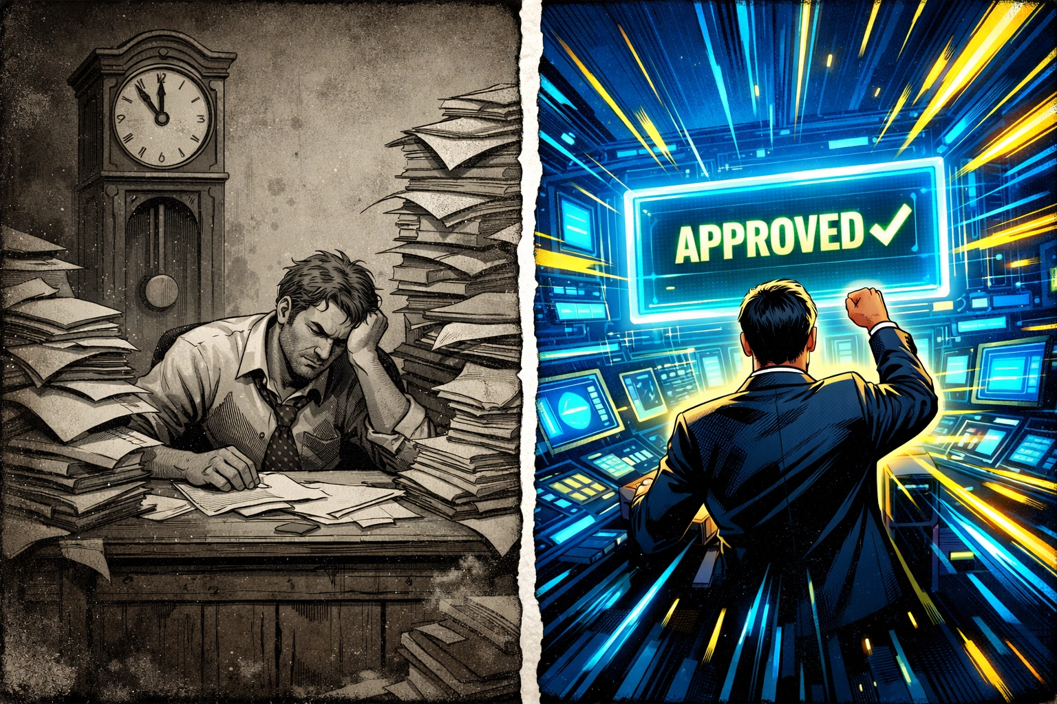 Comic illustration comparing slow traditional bank approval versus fast merchant account broker digital processing.