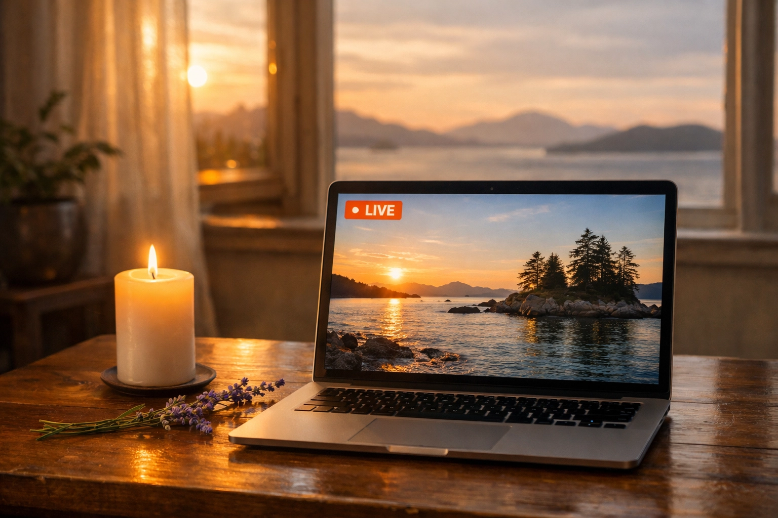 A peaceful memorial live-stream on a laptop with a candle, representing unique memorial service ideas for global families.