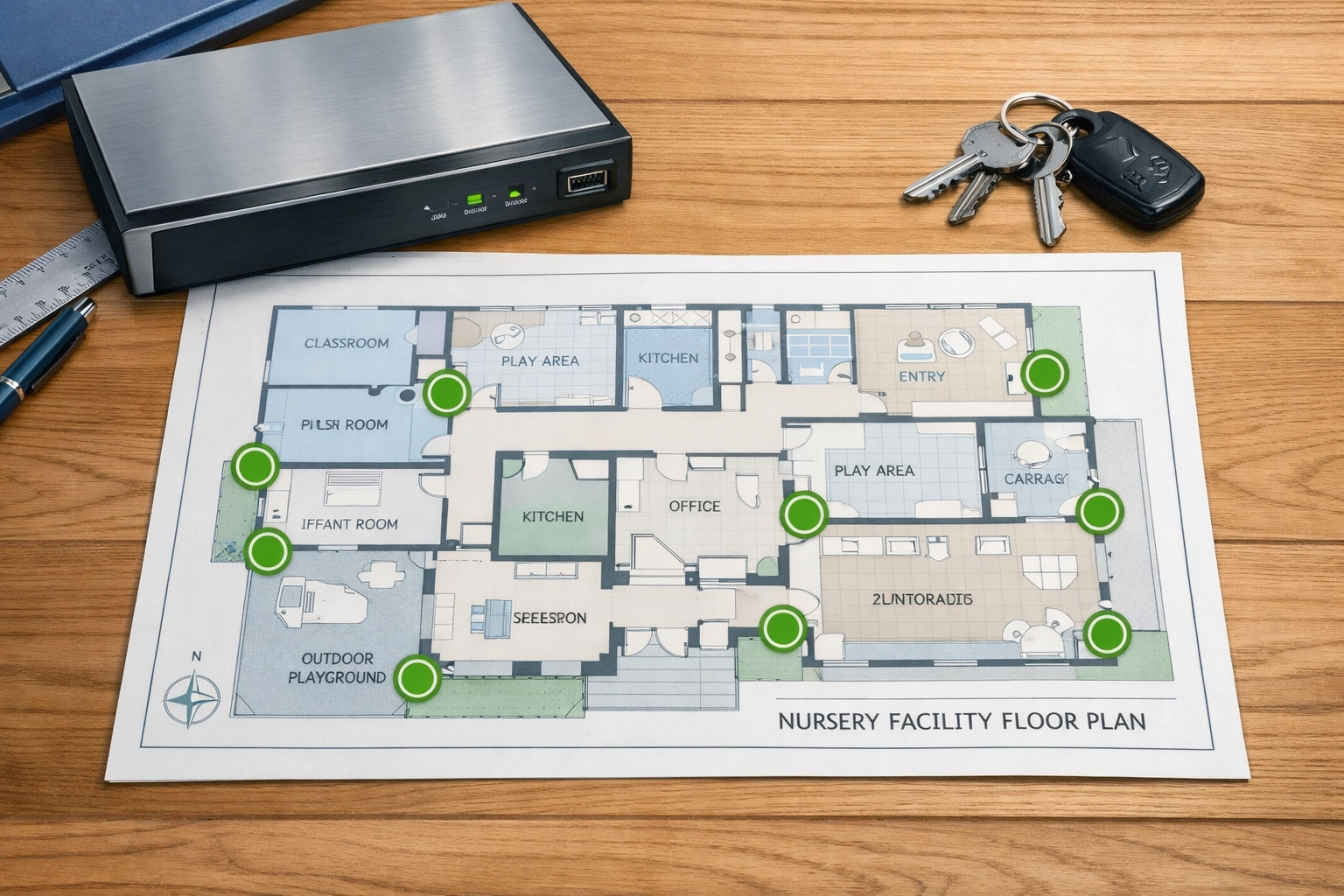 Bespoke security system floor plan showing strategic camera placement for a nursery in Gloucester.