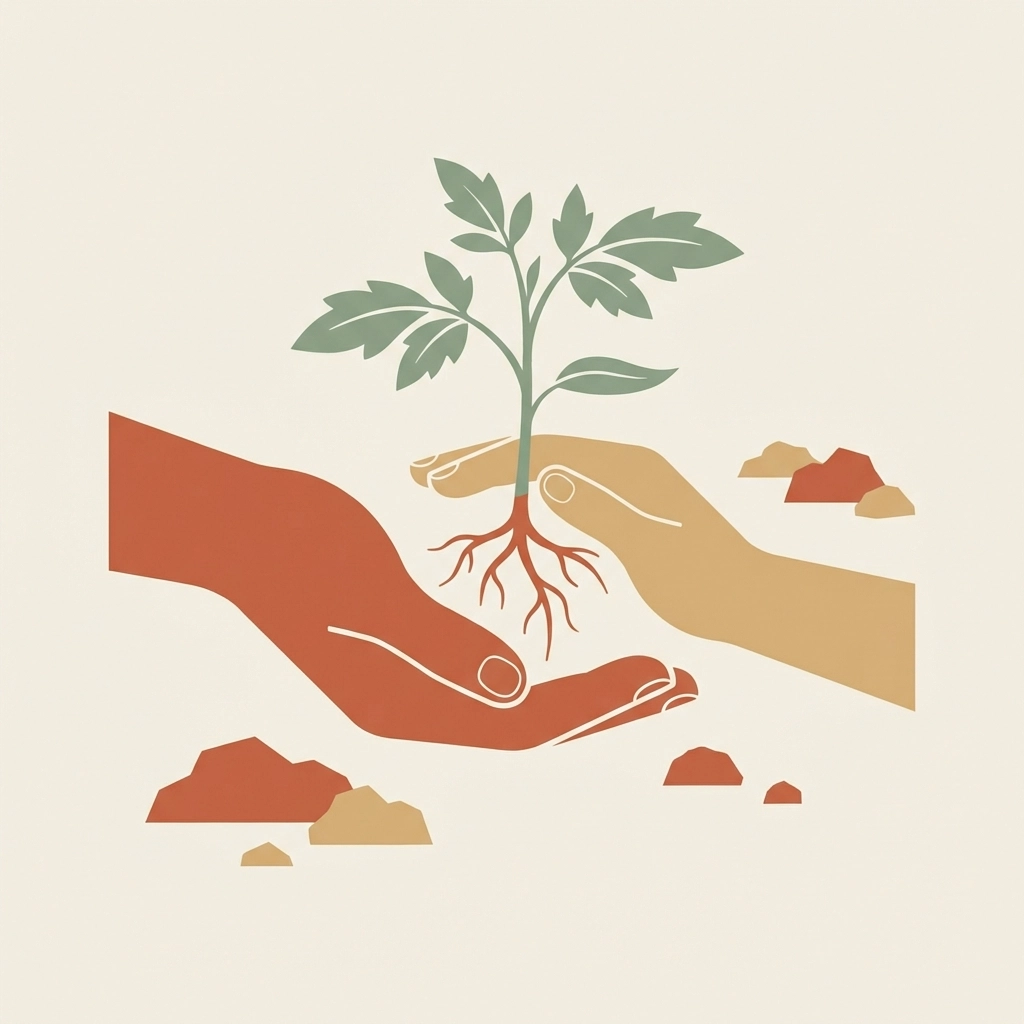 Adult and child hands gently holding a tomato seedling, ready for raised bed planting together.