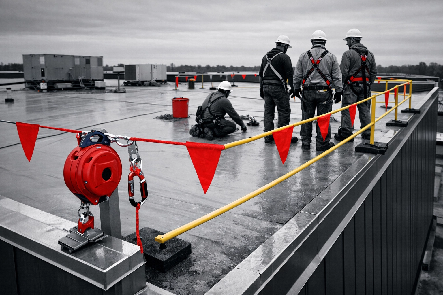 Commercial roofing crew with OSHA safety guardrails and fall protection on Salisbury flat roof