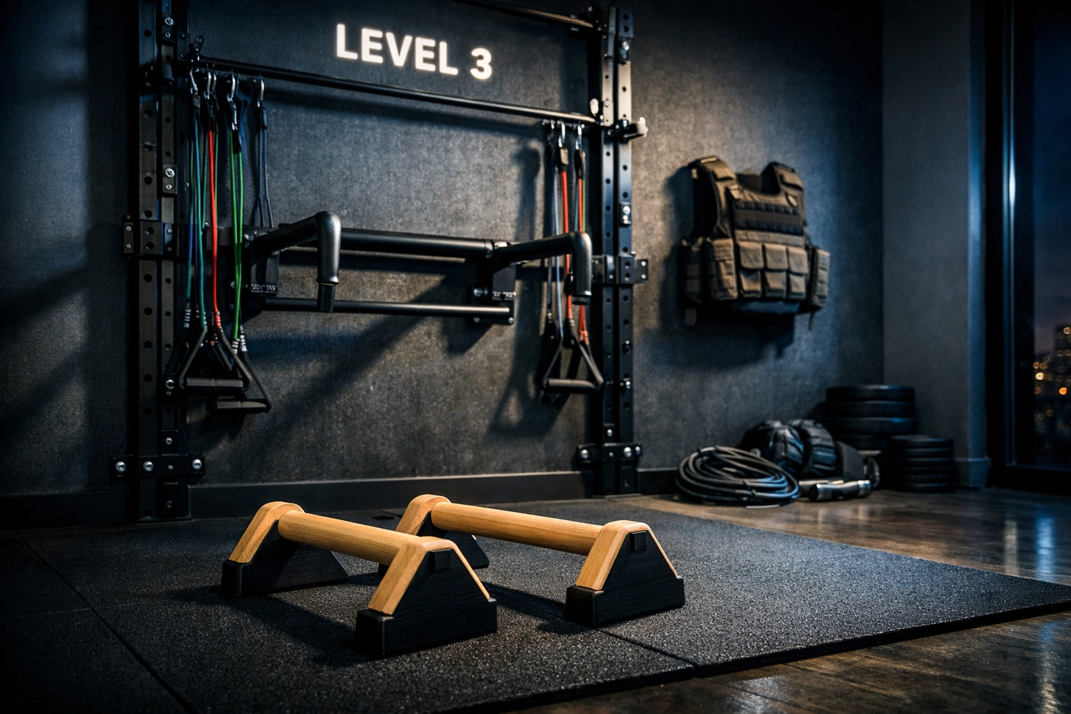 Versatile home gym setup with parallettes, resistance bands, and floor to ceiling calisthenics equipment.