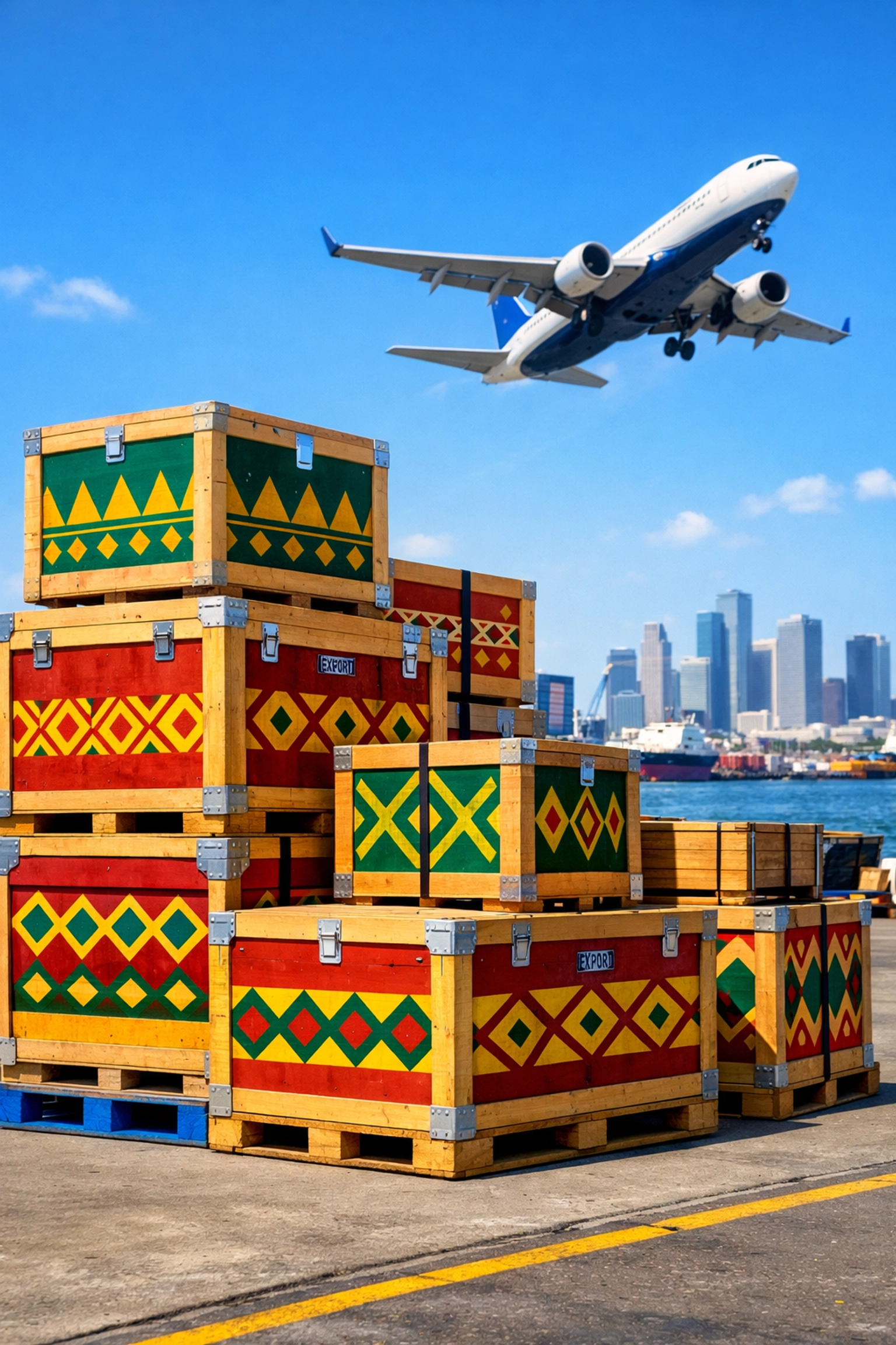 Shipping crates and cargo plane at a Houston dock representing reliable freight forwarding from Texas to Africa.