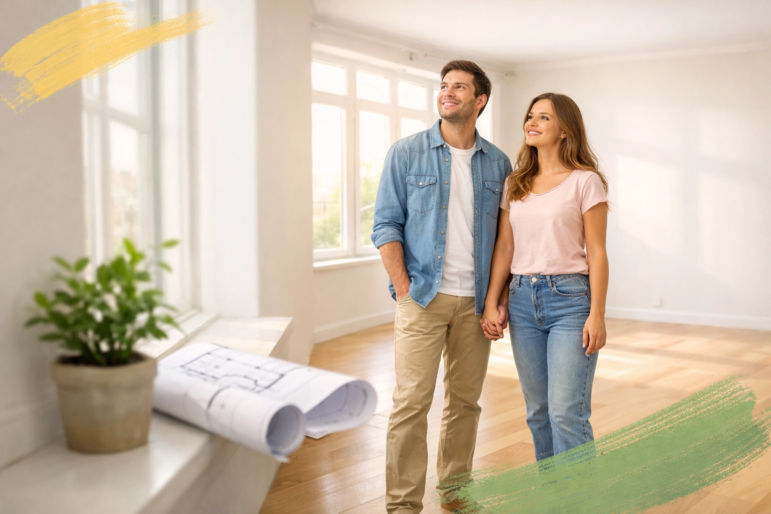 Couple standing in empty sunlit living room planning their future Arizona home together Couple standing in empty sunlit living room planning their future Arizona home together