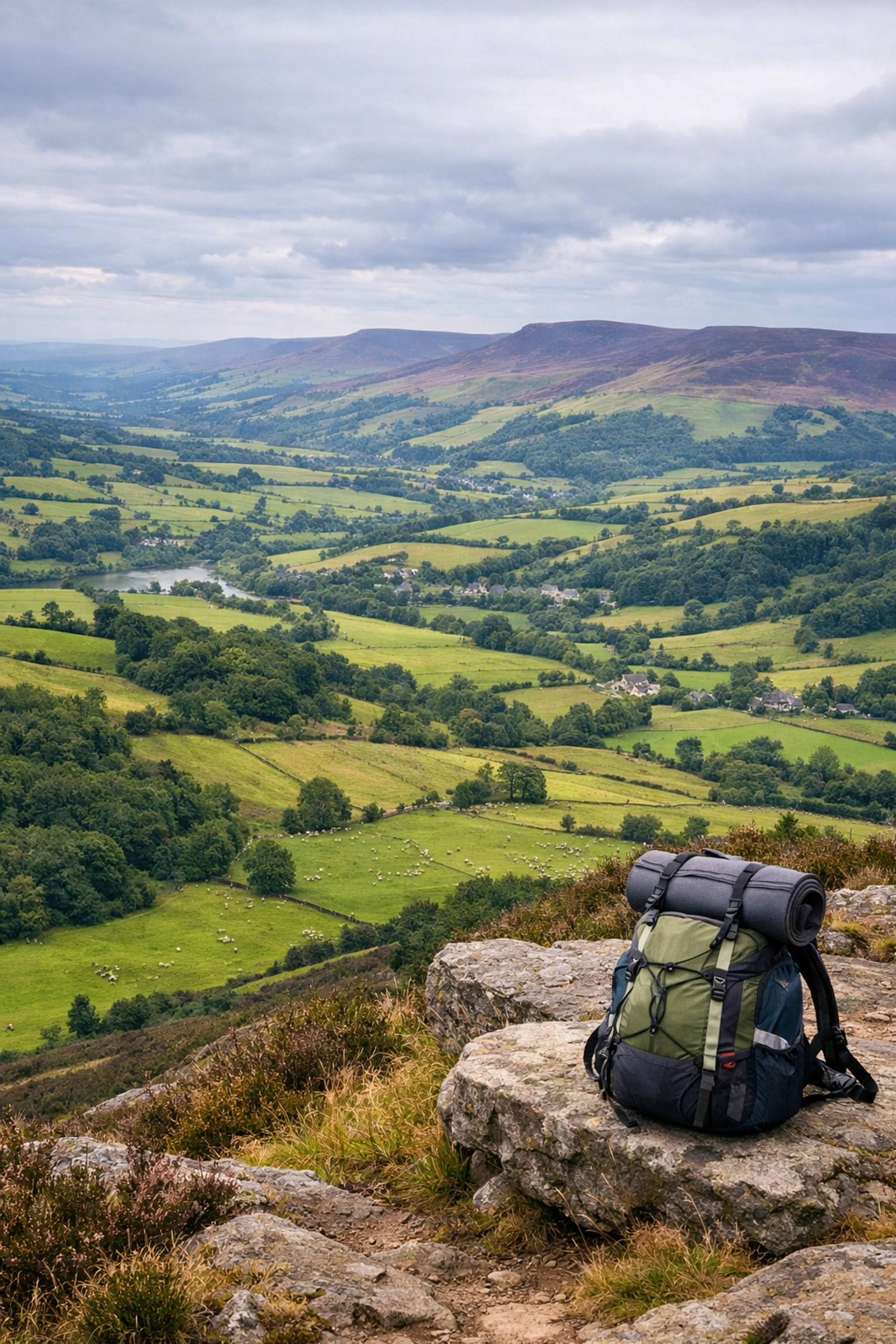 Scenic view of the British countryside with a rucksack, perfect for solo wild camping guided UK.