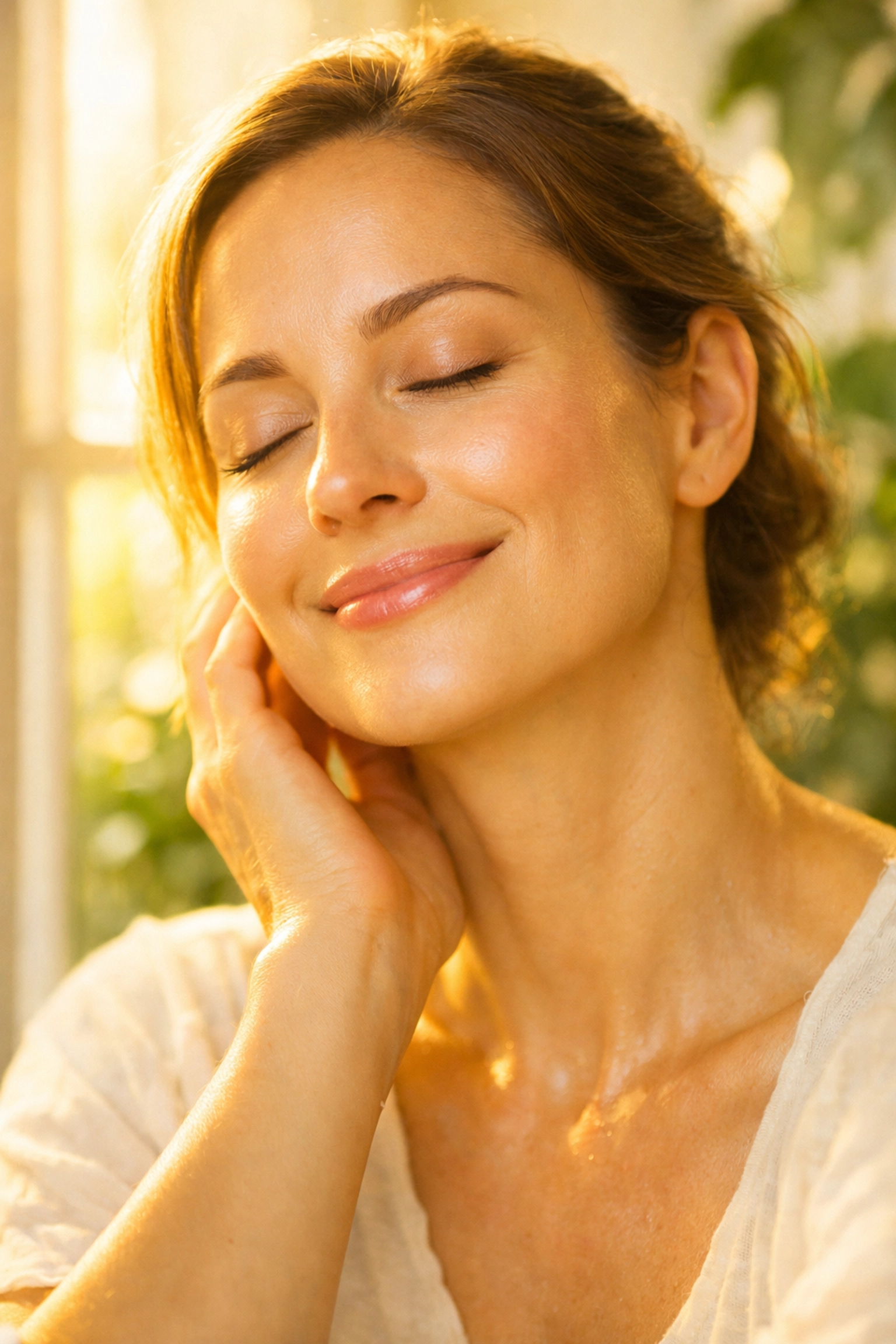 A woman with healthy, glowing skin after a soothing routine using natural skincare for eczema and psoriasis relief.
