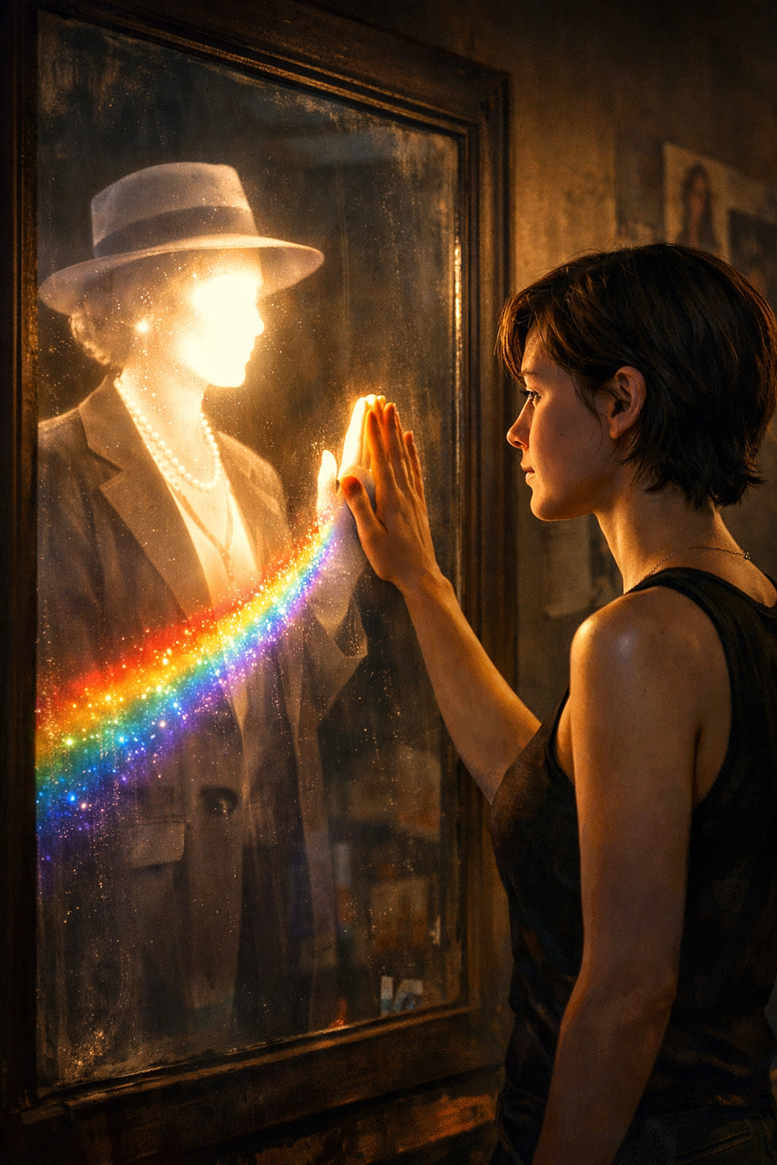 A woman connecting with a historical queer activist through a mirror, honoring LGBTQ+ history and ancestors.