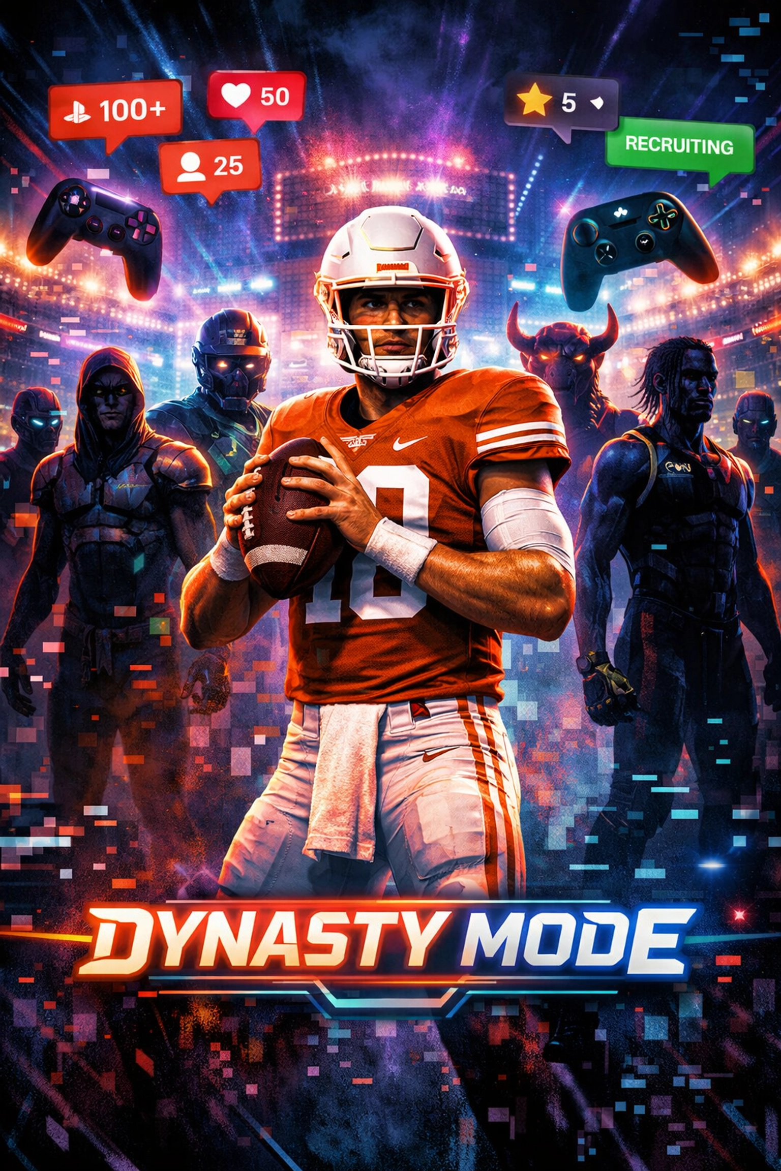 Texas quarterback surrounded by Dynasty Mode simulation avatars blurring reality and fantasy recruiting