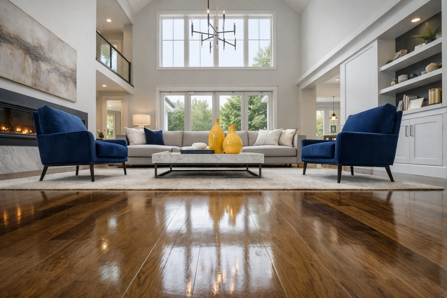 Clean living room in a Massachusetts home following a professional post construction cleaning service.